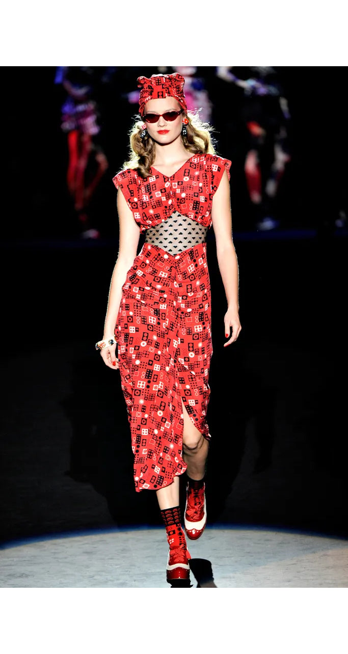 2012 S/S Geometric Print Red Silk Heart Lace Inset Dress