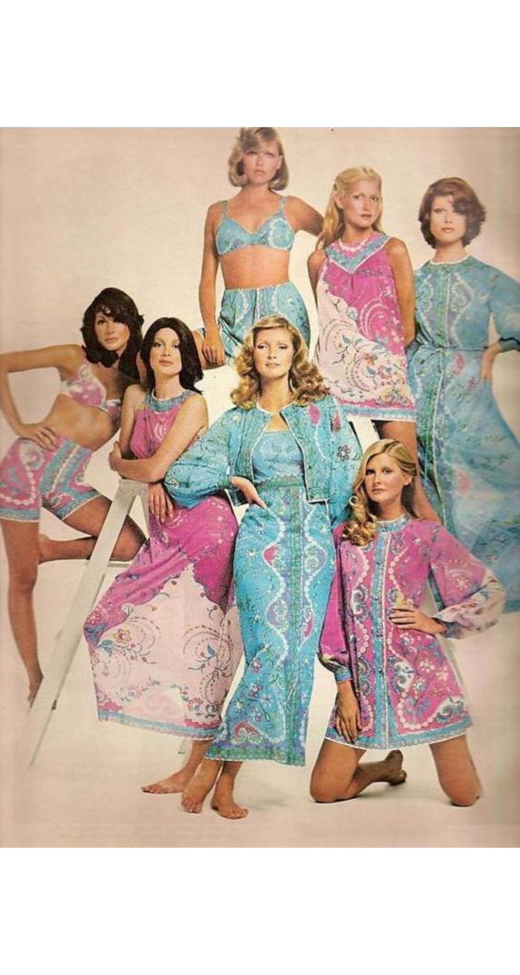 1960s Printed Blue & Purple Three-Piece Lingerie Set