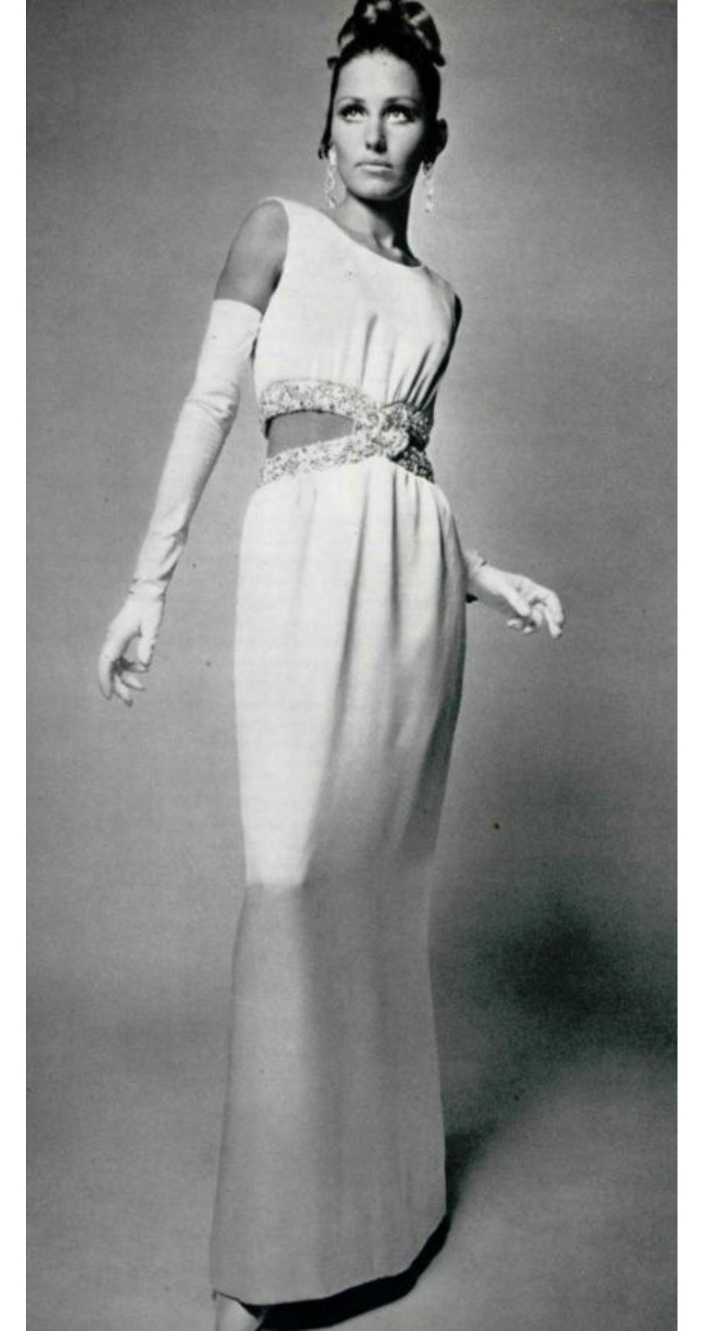 1967 Beaded Cut-Out Ivory Silk Evening Gown