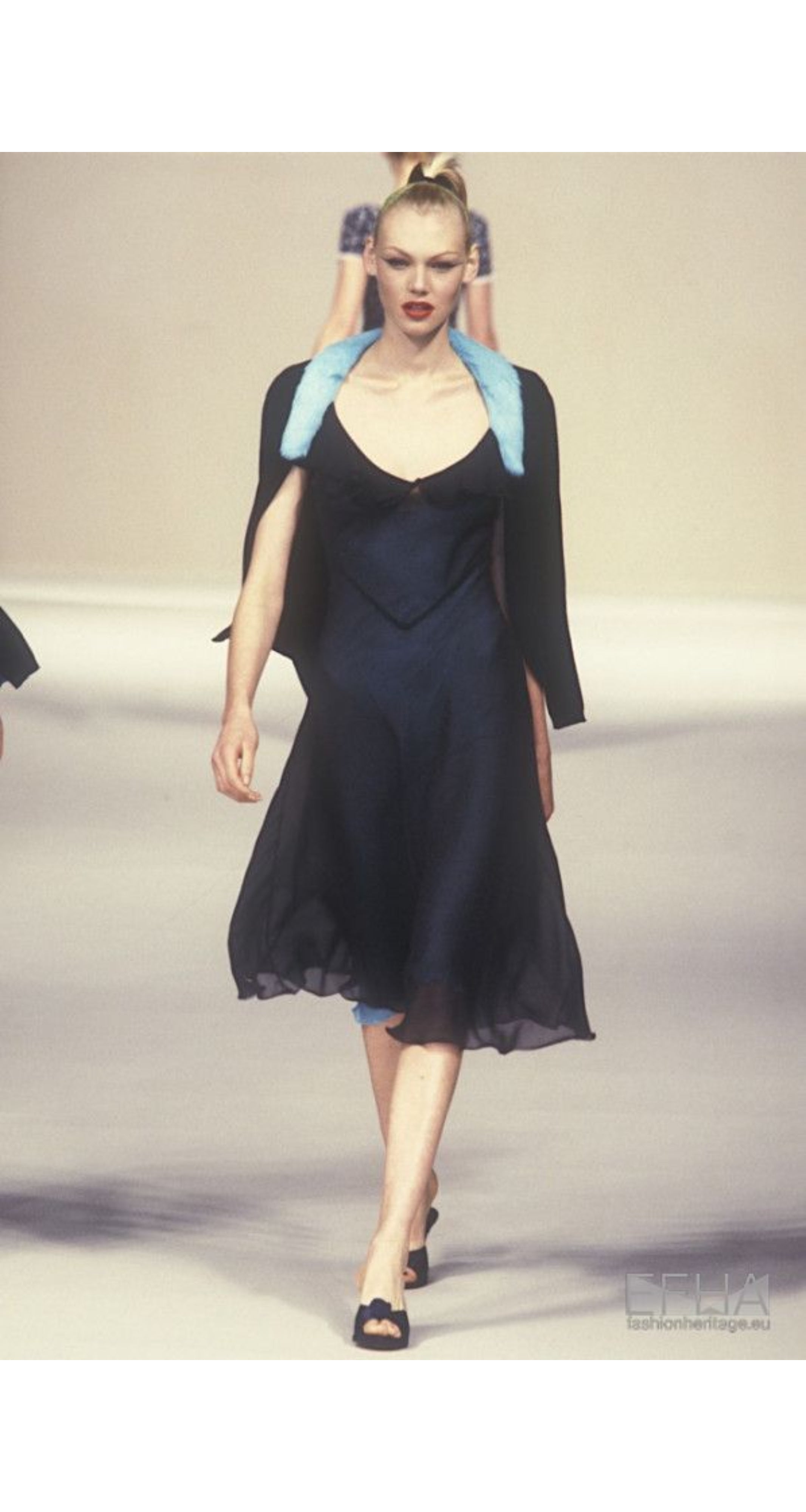 1997 S/S Navy Chiffon Bias-Cut Ruffle Neck Gown