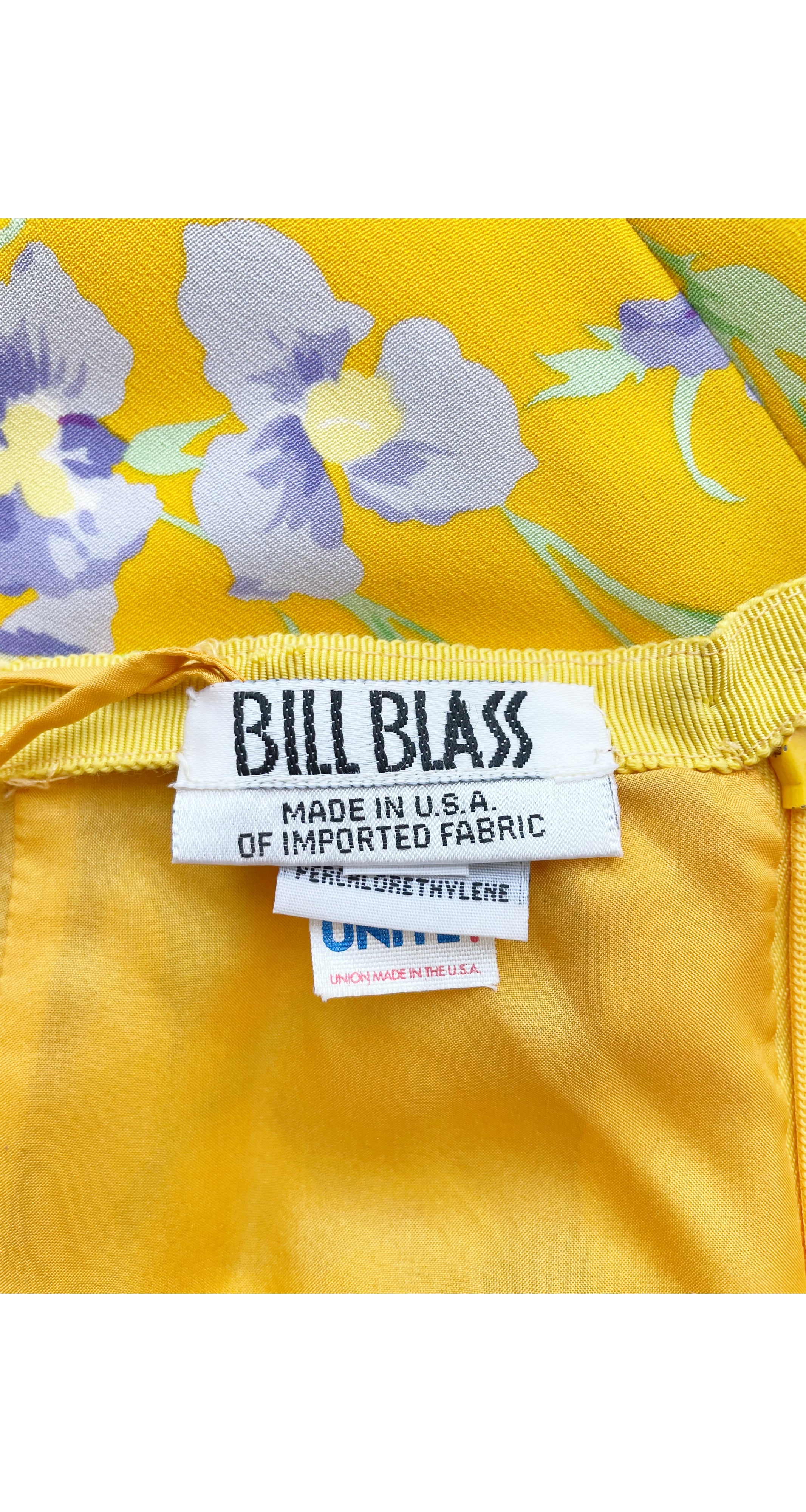 1990s Iris Print Yellow Silk Crepe Straight Leg Trousers