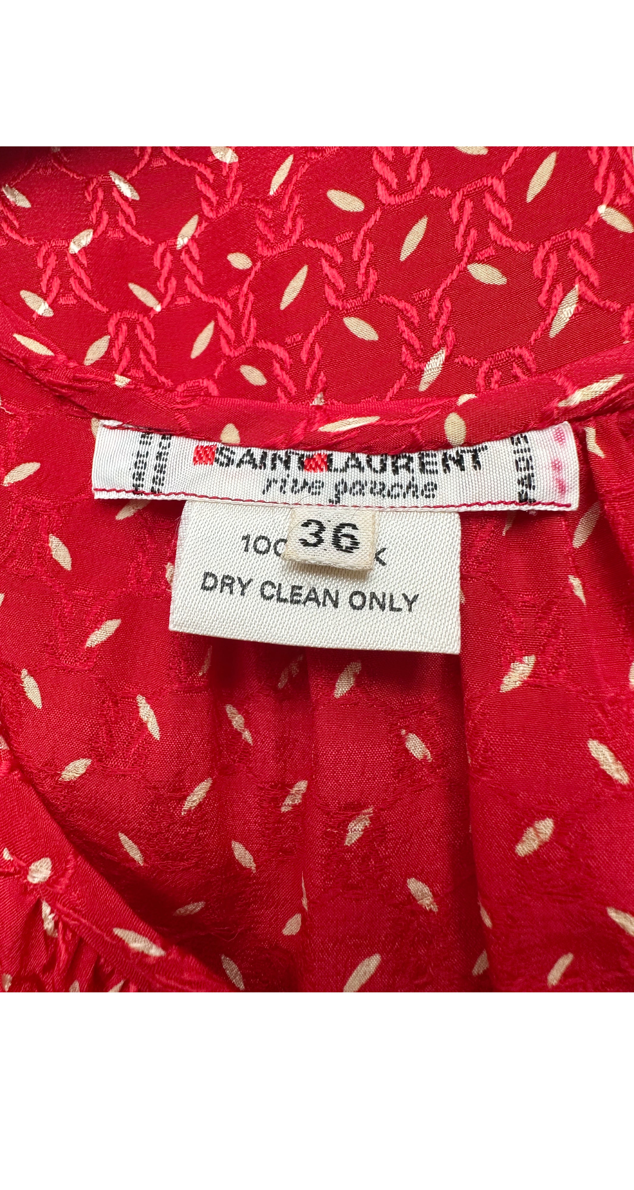 1970s Confetti Print Red Silk Bishop Sleeve Blouse