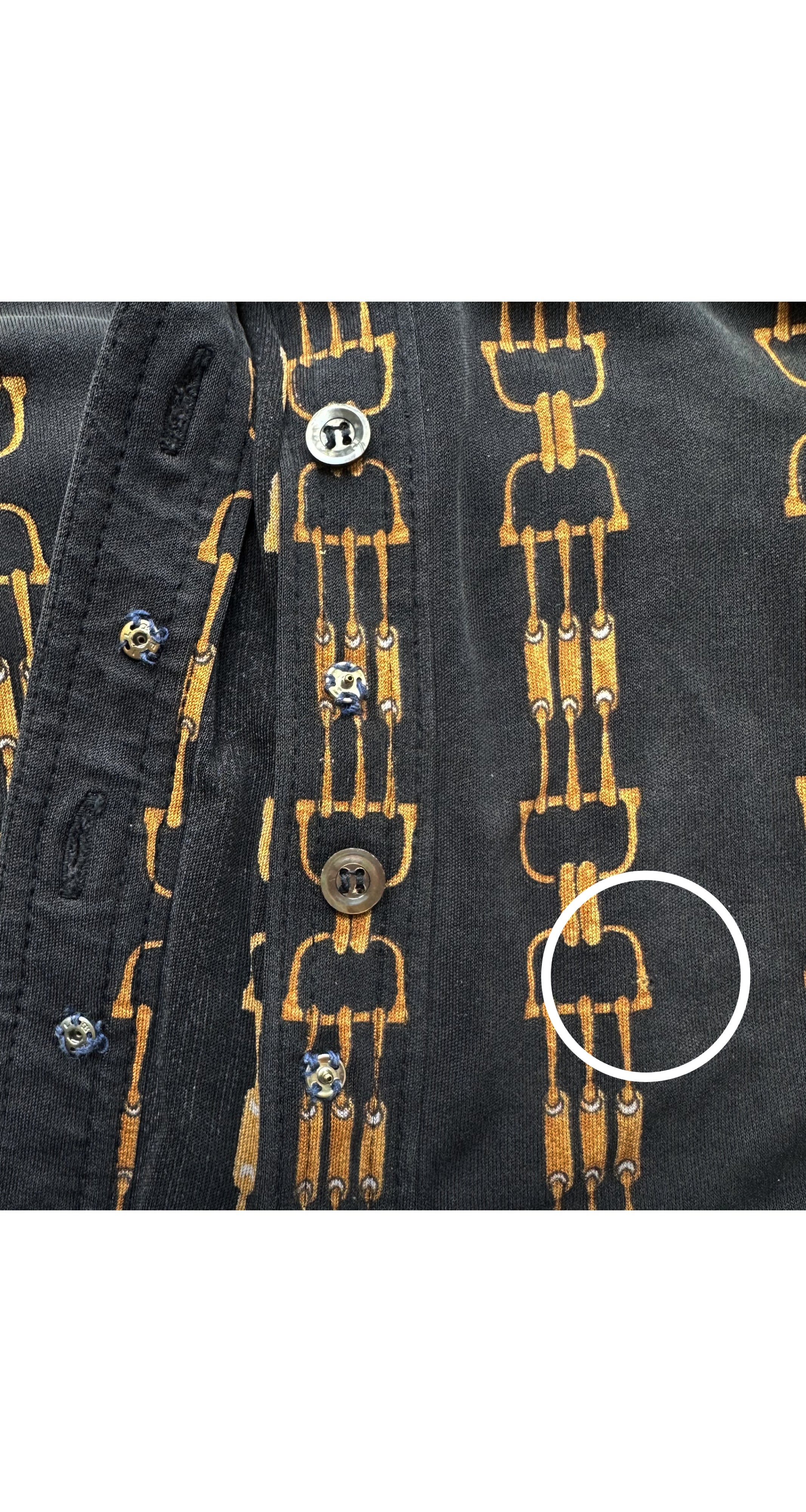 1973 Horsebit Print Black Silk Jersey Button-Up Shirt