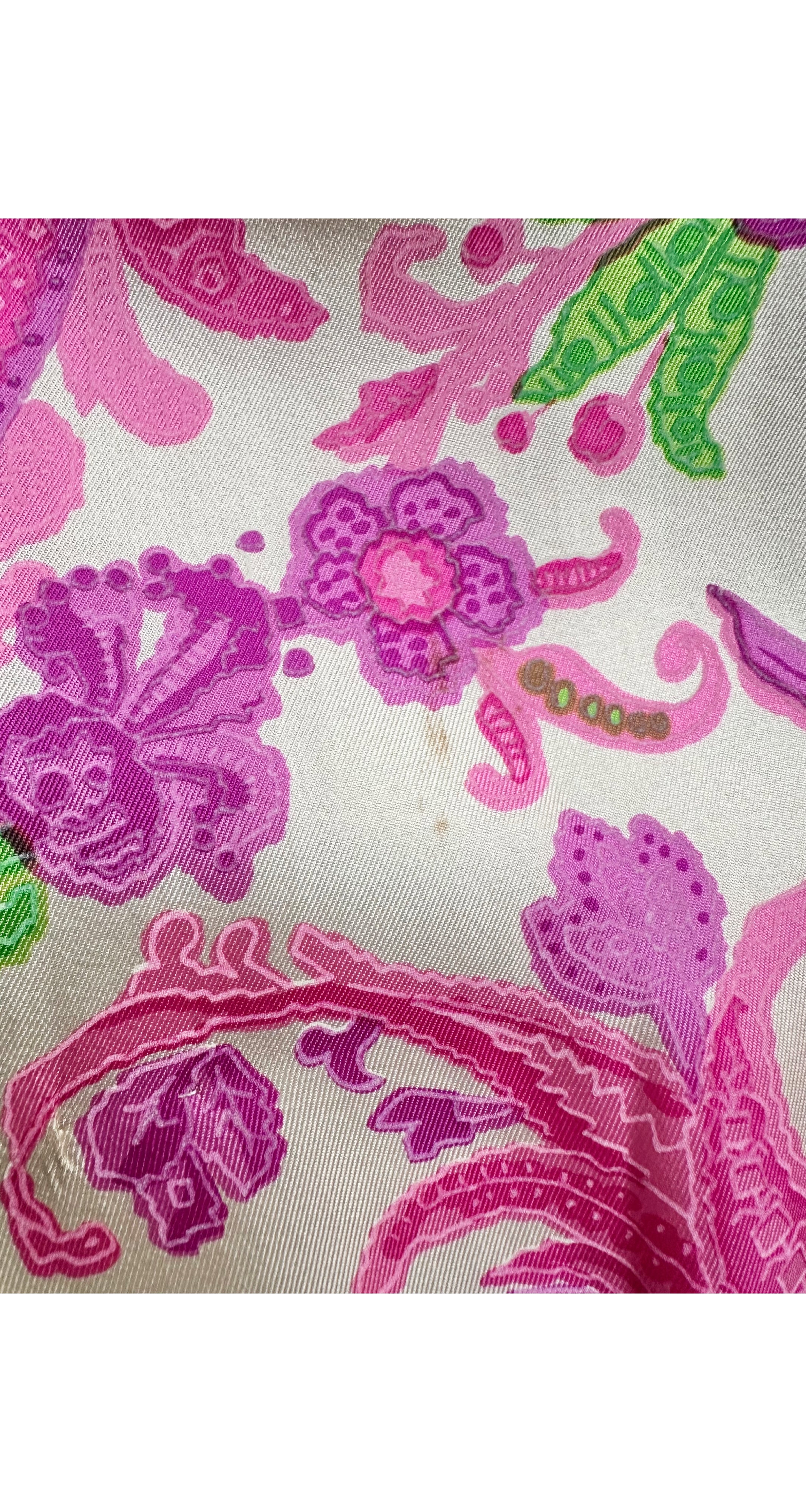 1960s Pink & Green Floral Print Silk Twill Evening Gown