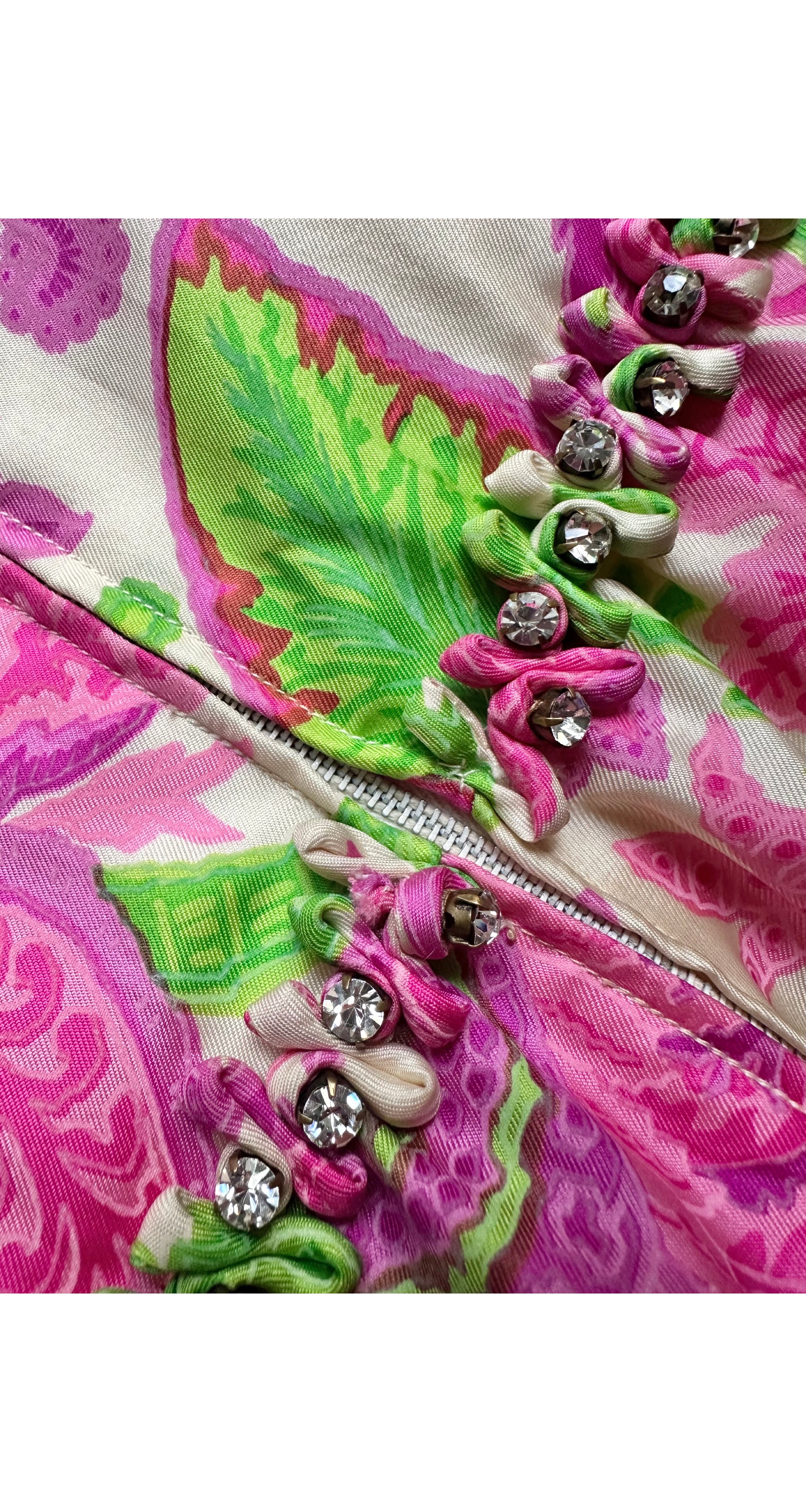 1960s Pink & Green Floral Print Silk Twill Evening Gown