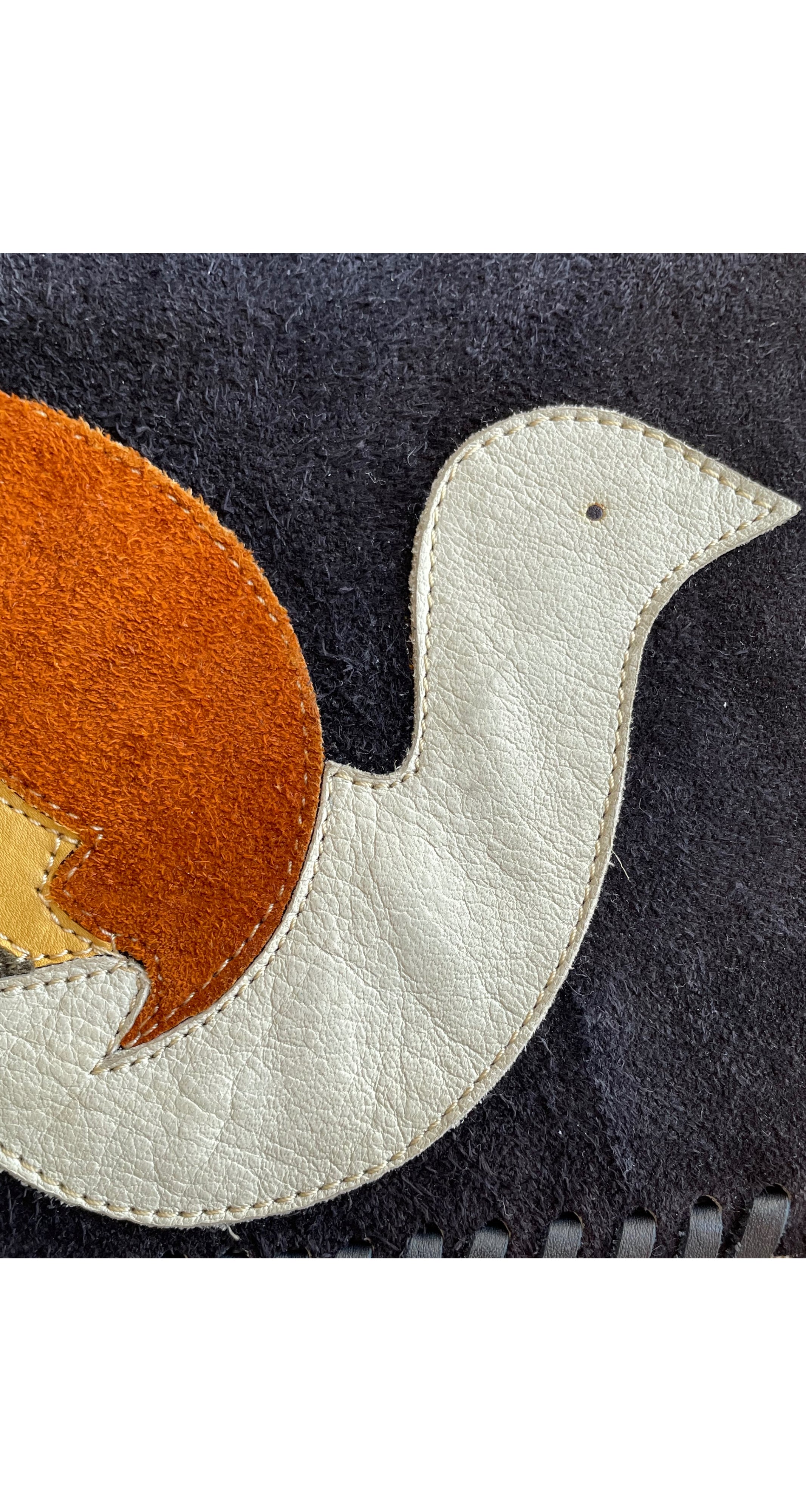 1970s Bird Applique Whipstitch Leather Pochette Bag