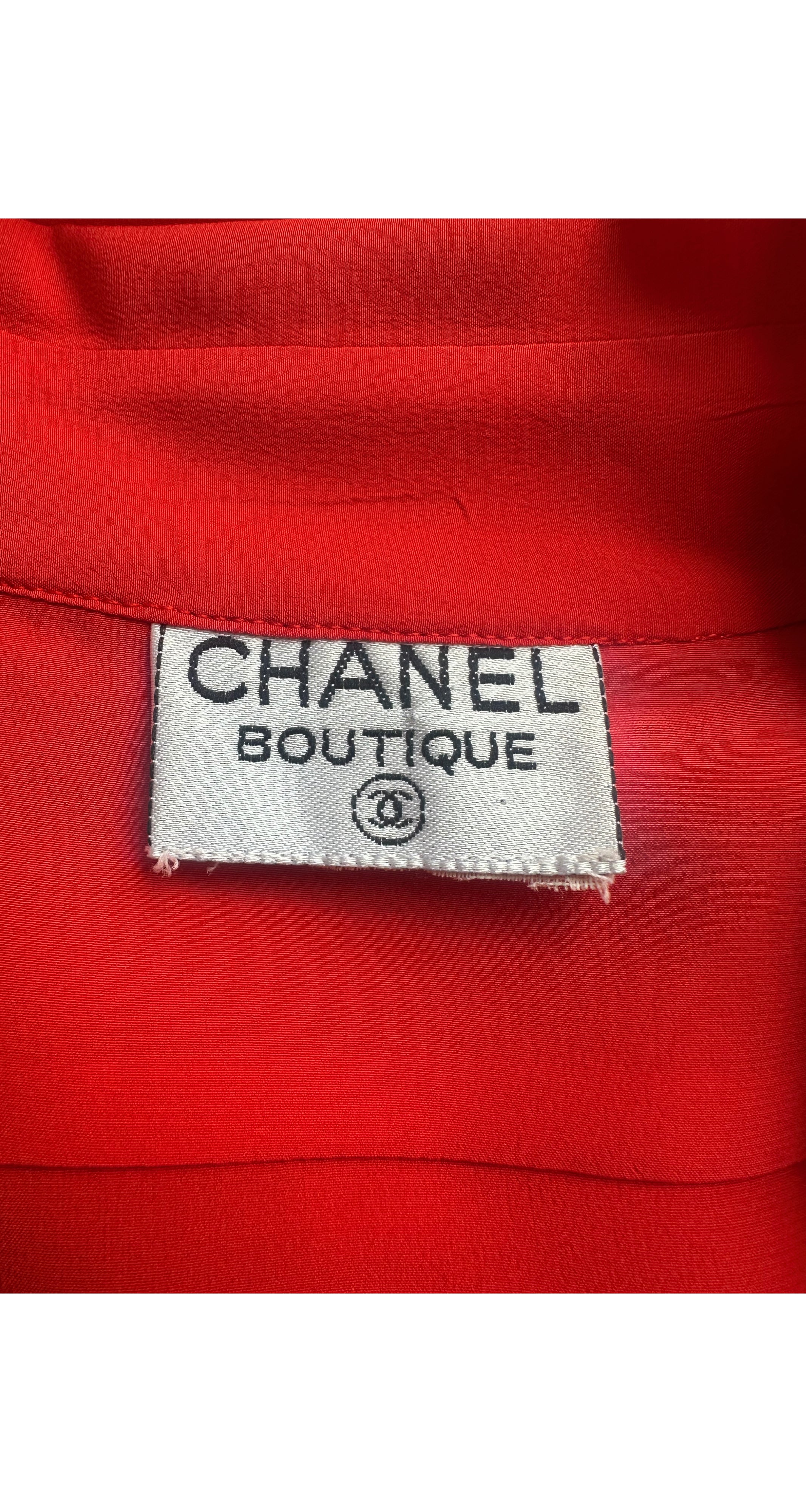 1986 S/S Red Silk Double-Breasted Collared Blouse