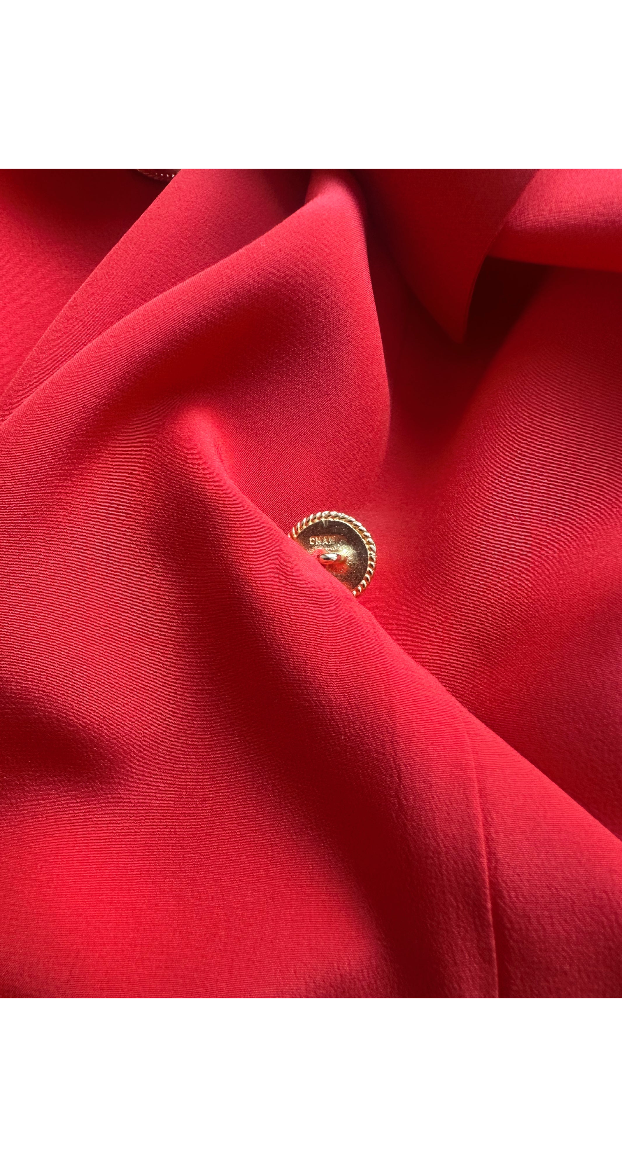 1986 S/S Red Silk Double-Breasted Collared Blouse