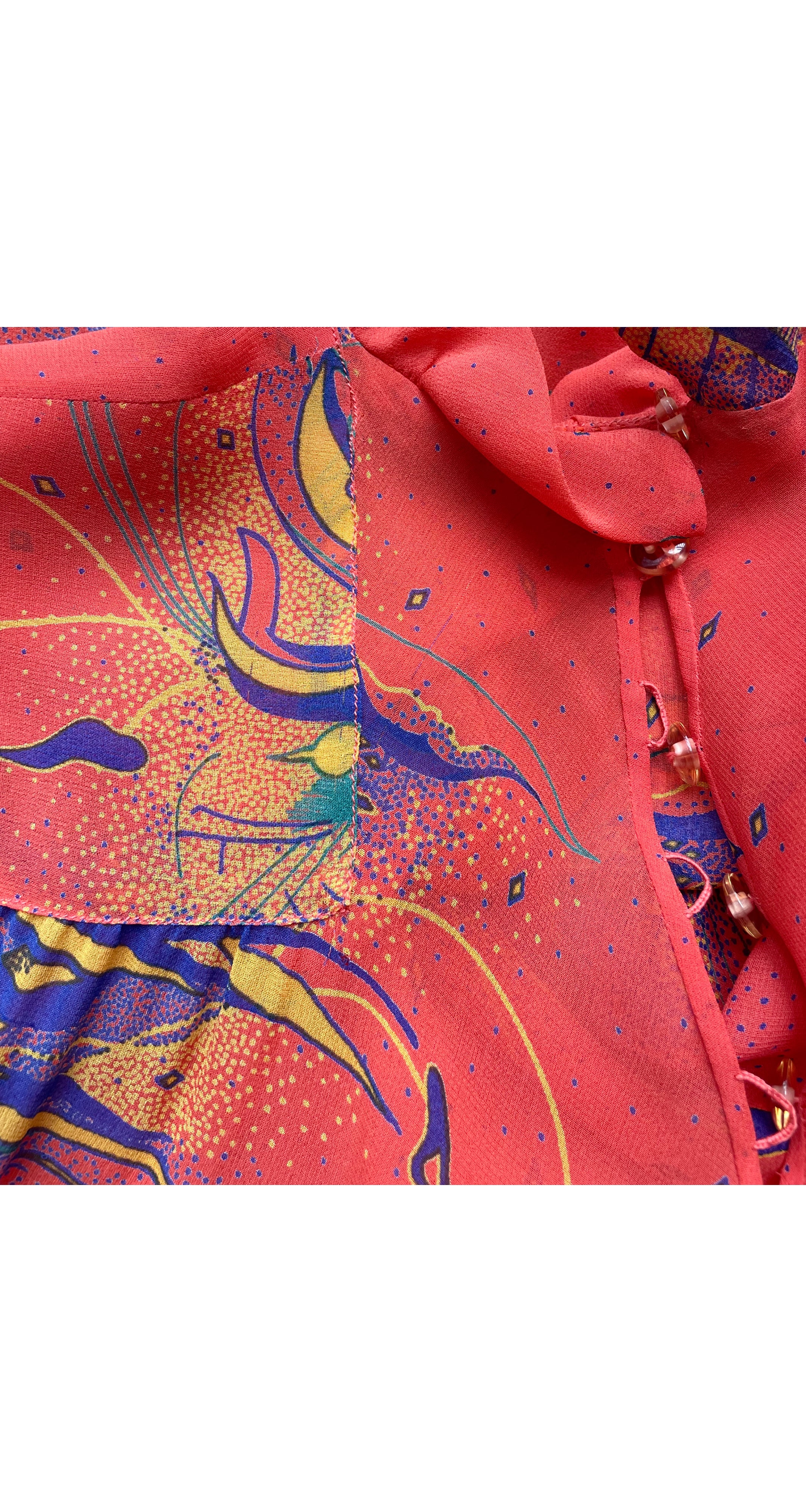 1980s Psychedelic Print Salmon Rayon Chiffon Tent Dress