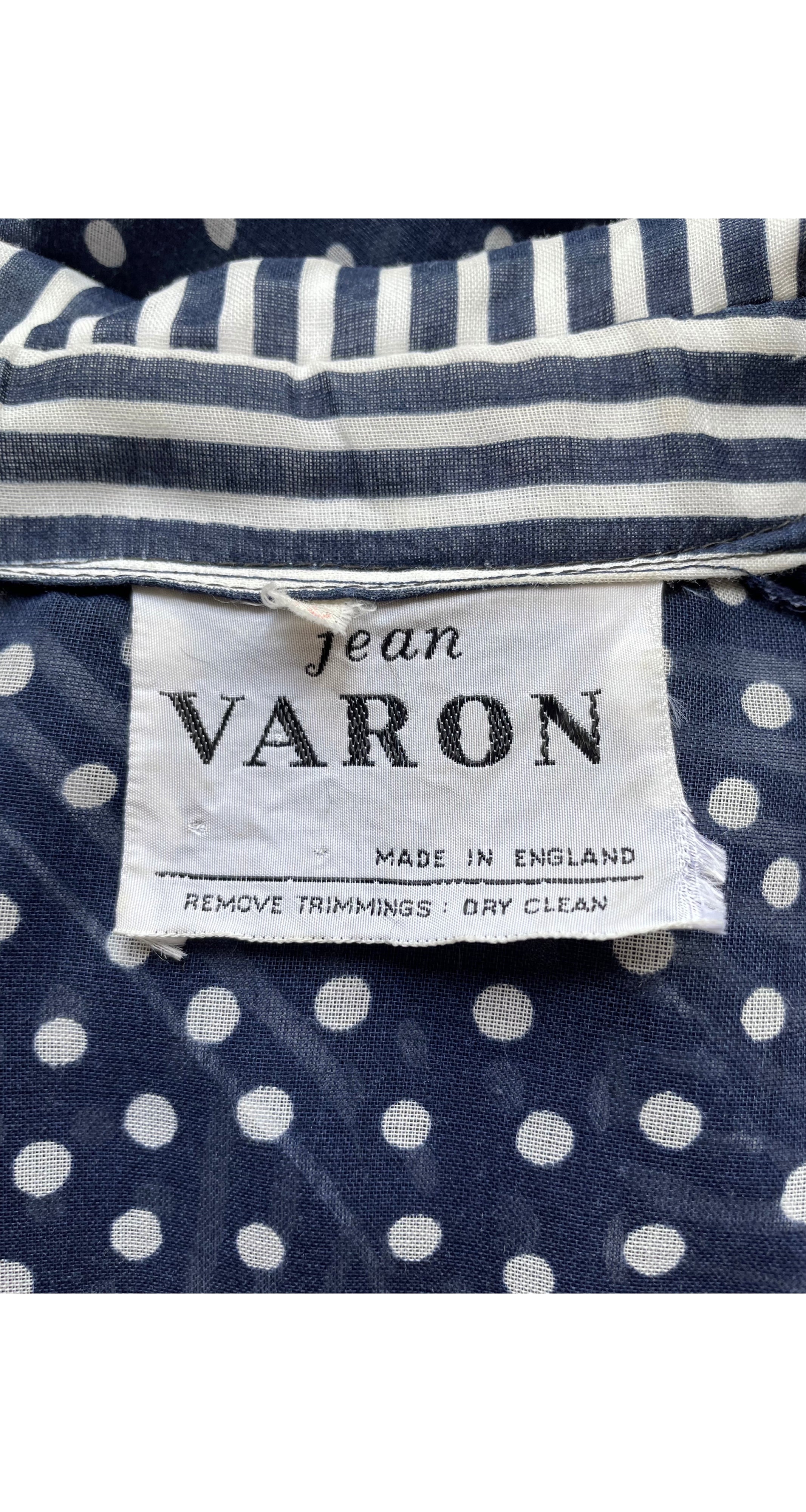 1970s Polka Dot Navy Cotton Voile Collared Maxi Dress