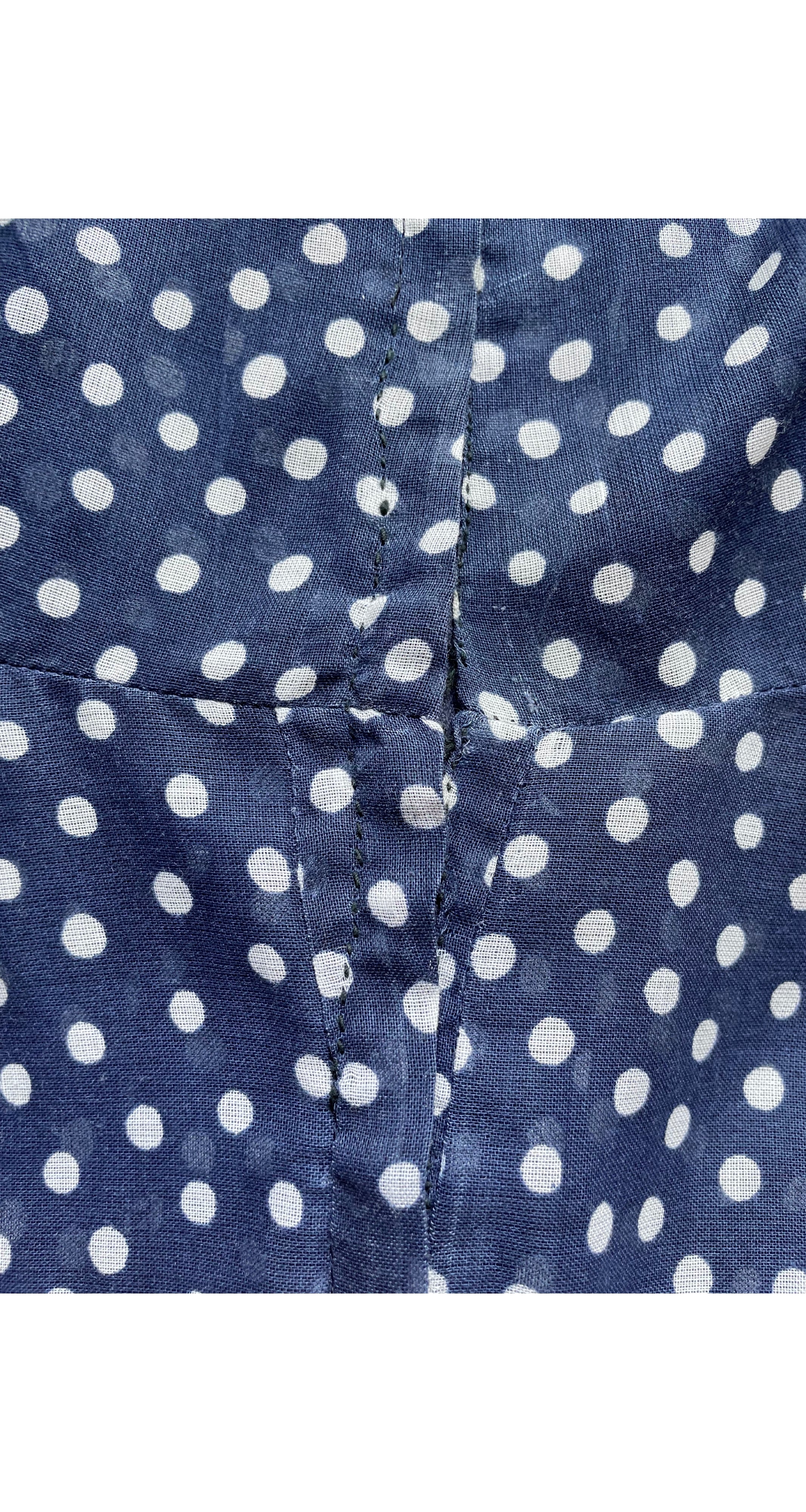 1970s Polka Dot Navy Cotton Voile Collared Maxi Dress