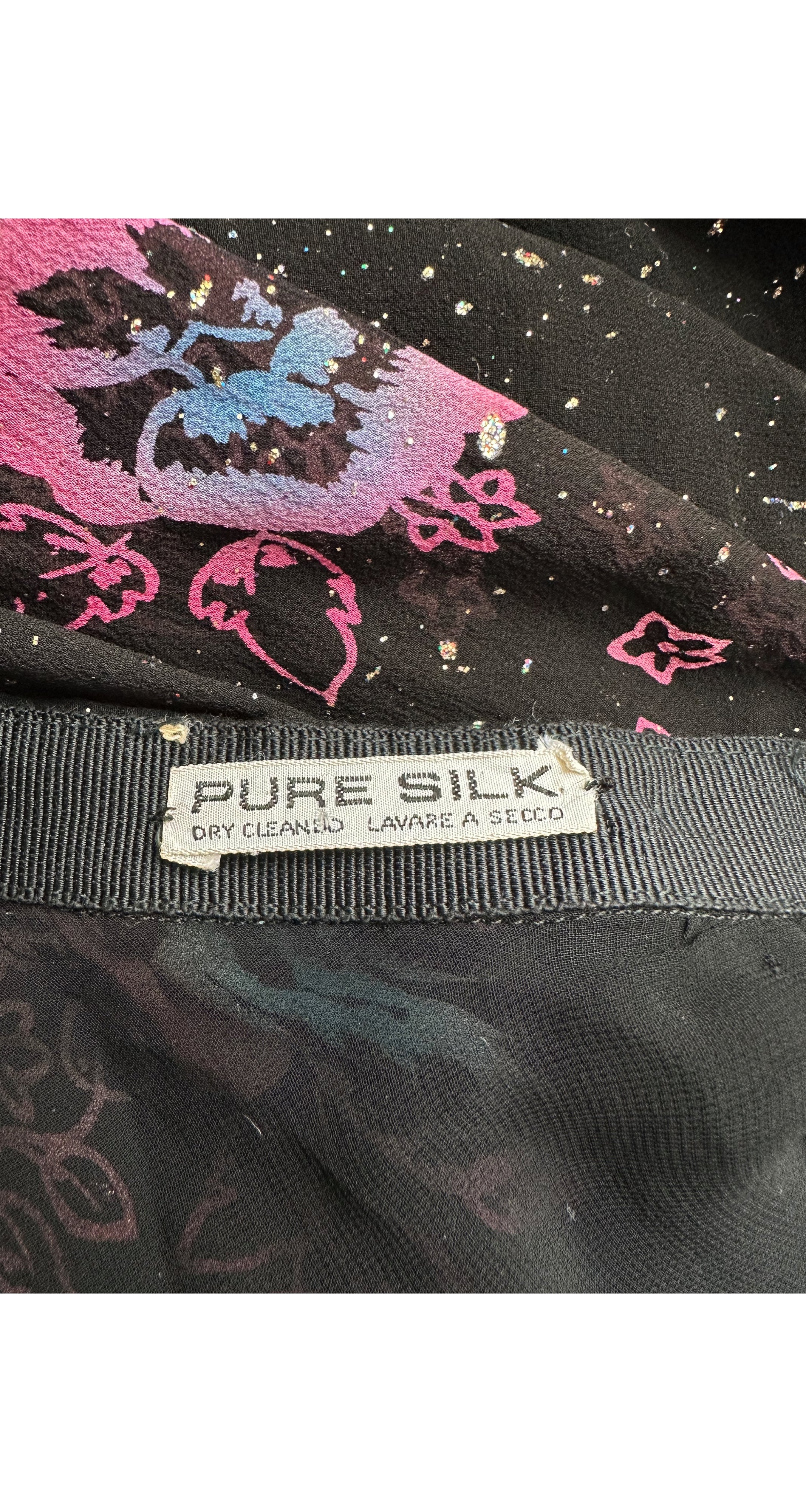 1970s Floral Galaxy Print Black Silk Chiffon Skirt