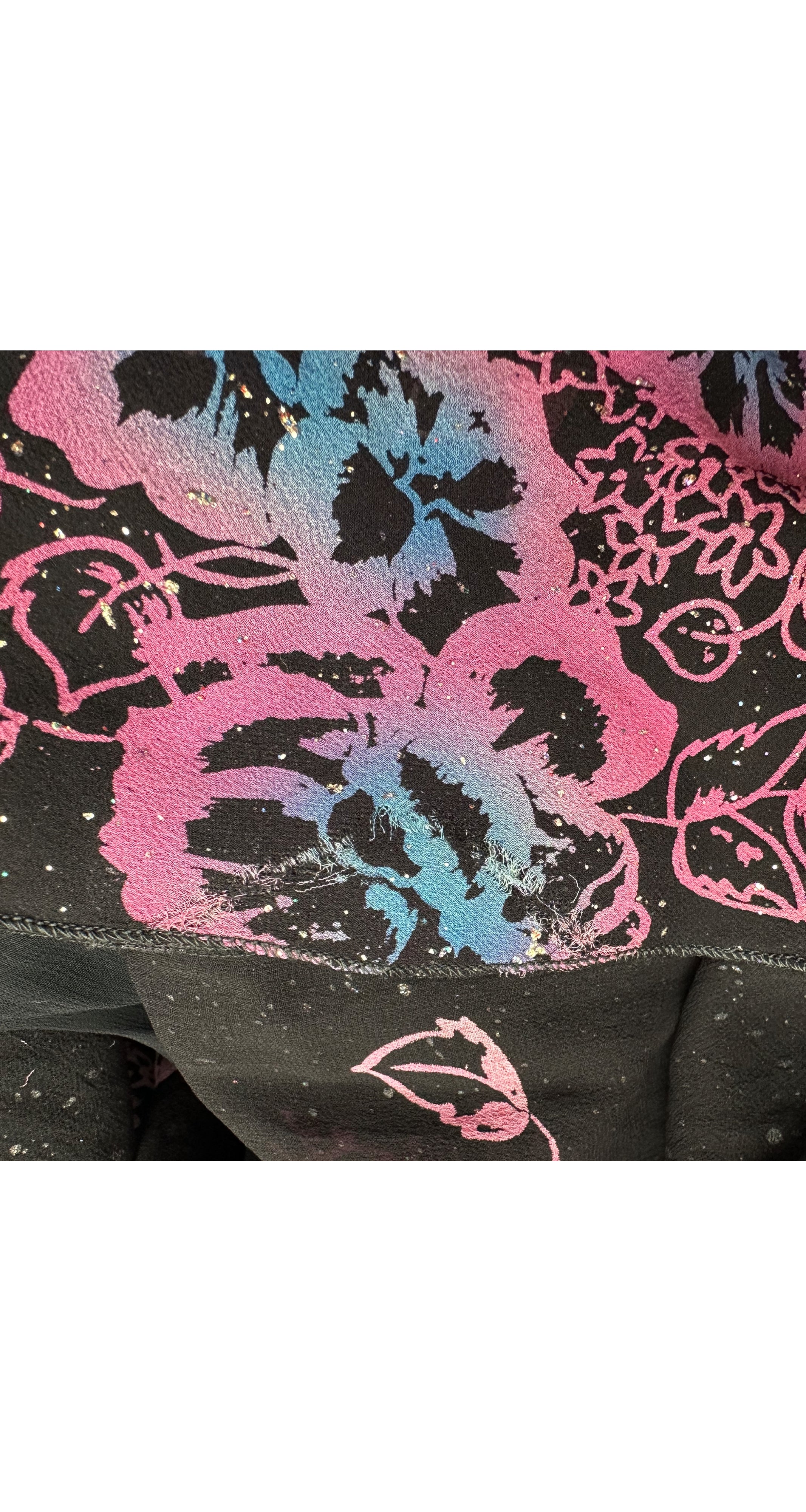 1970s Floral Galaxy Print Black Silk Chiffon Skirt