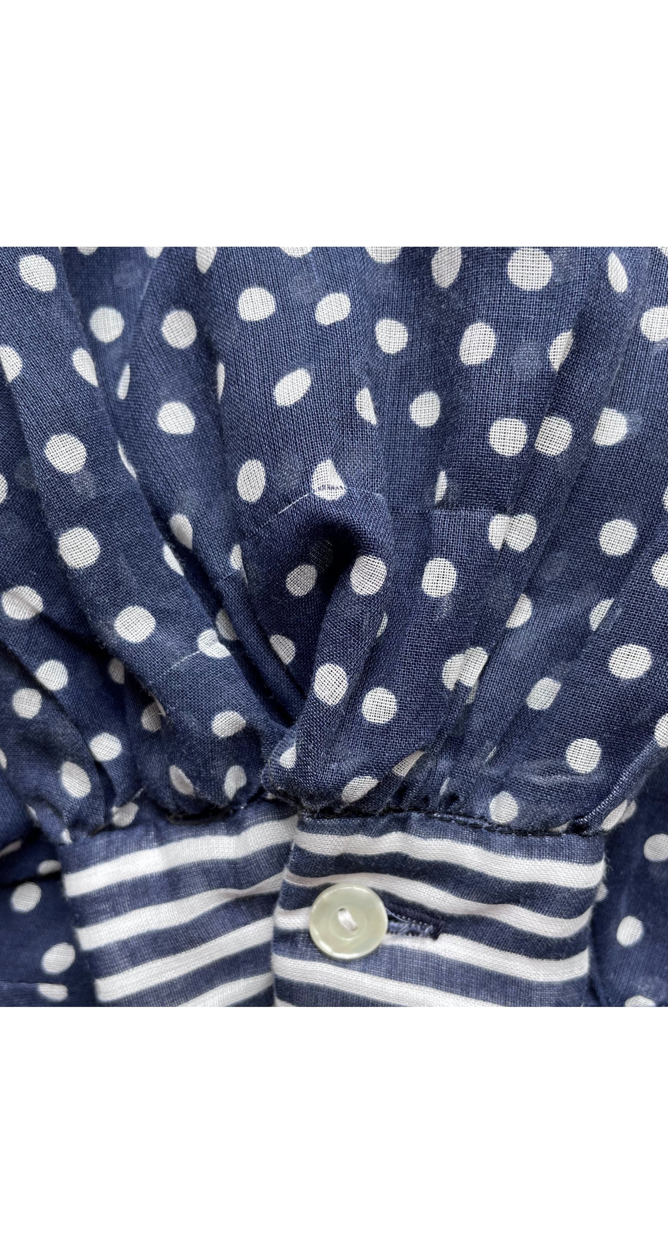 1970s Polka Dot Navy Cotton Voile Collared Maxi Dress