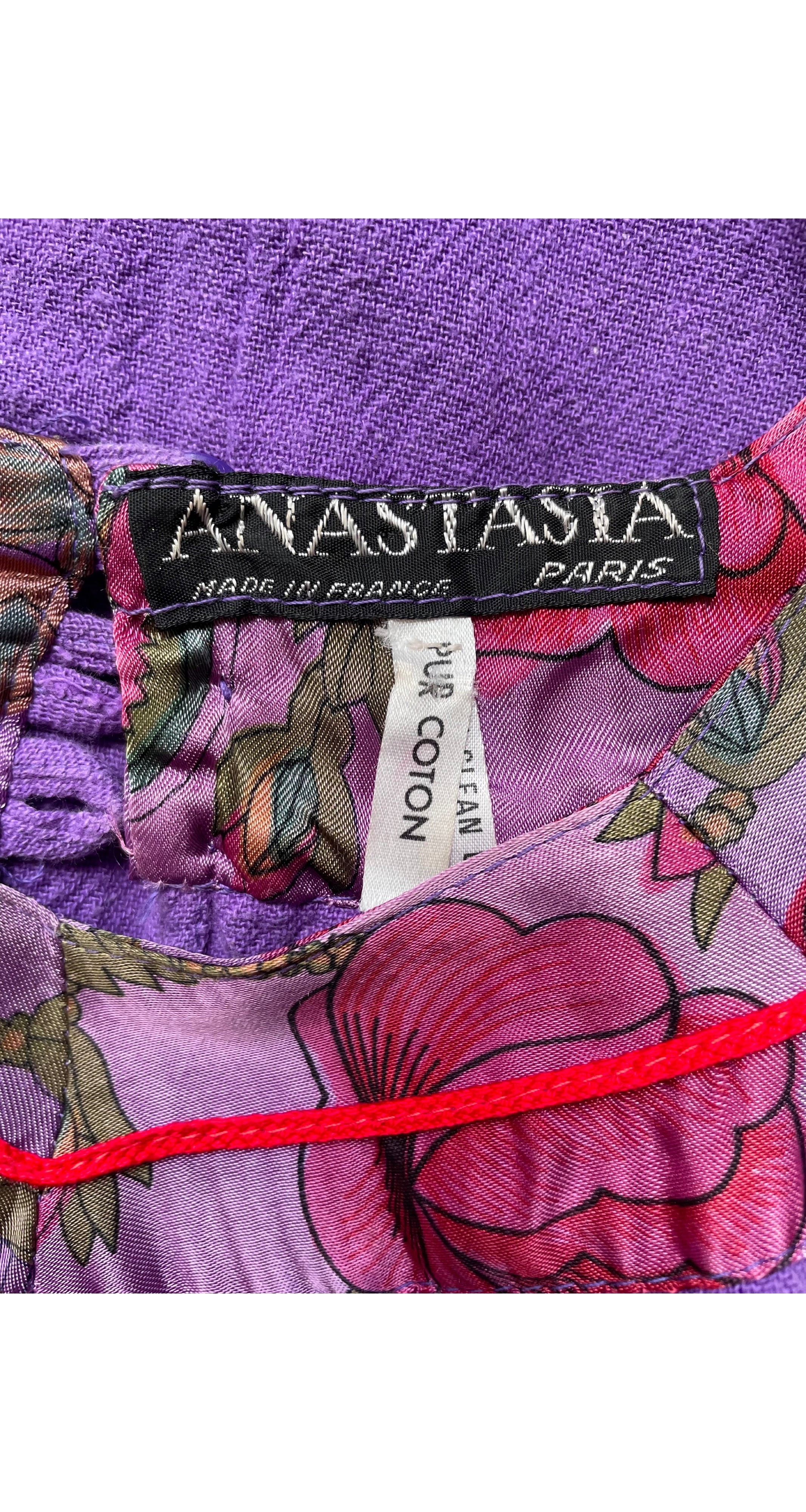 1970s Purple Cotton Floral Ribbon Trim Dress