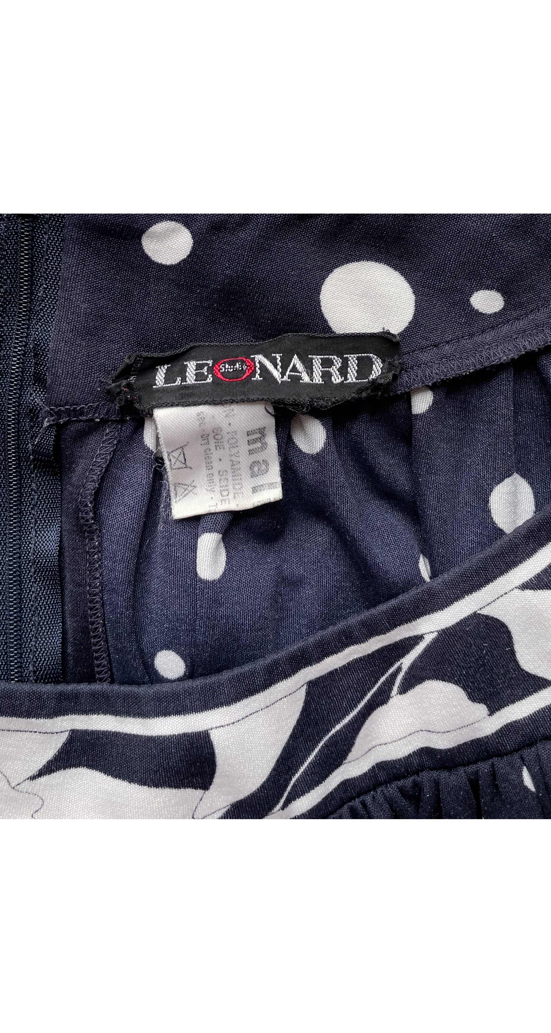 1980s Polka Dot Navy Silk Border Print Jersey Dress