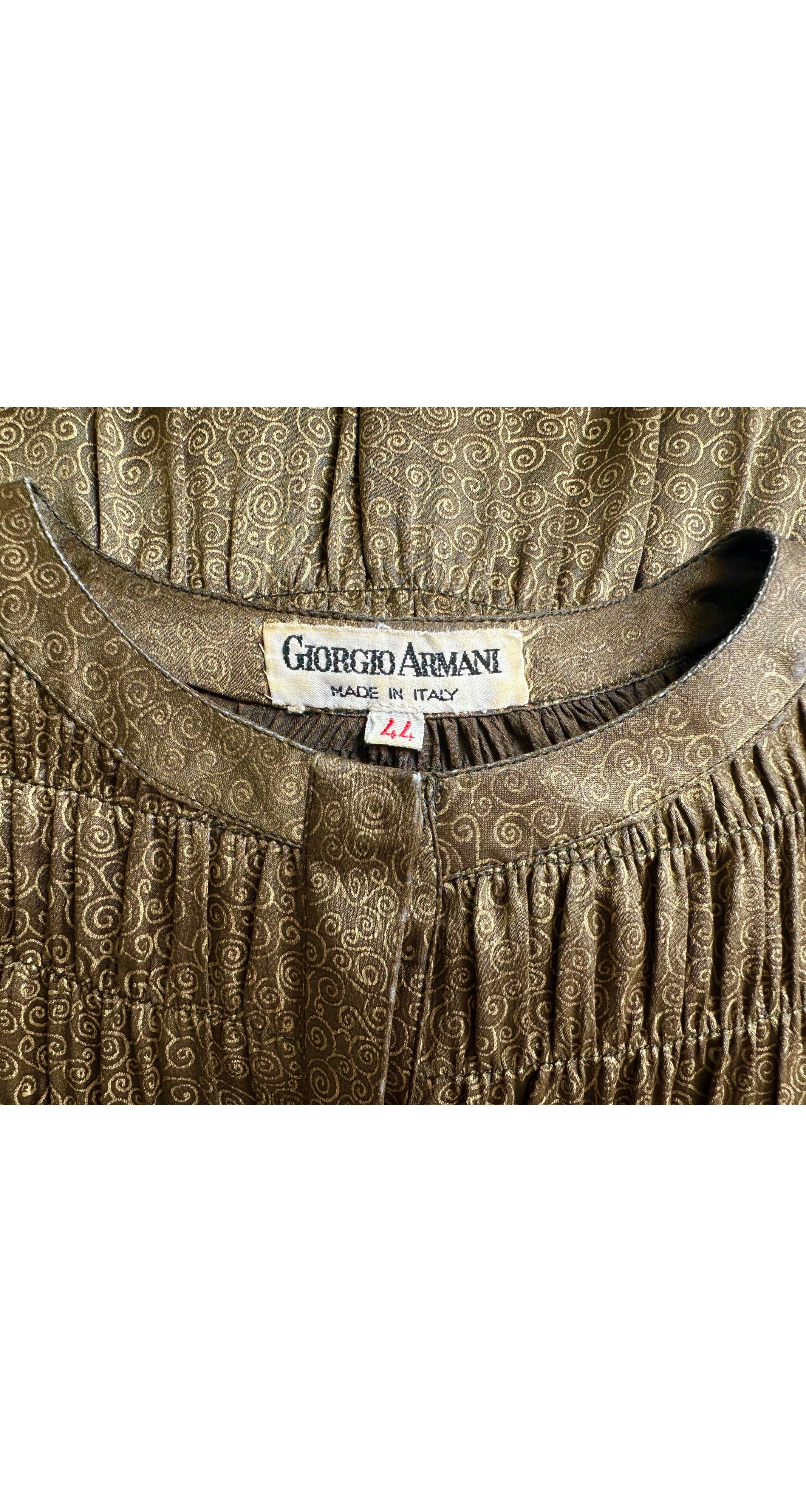 1978-79 F/W Gold Metallic Swirl Shirred Silk Midi Dress