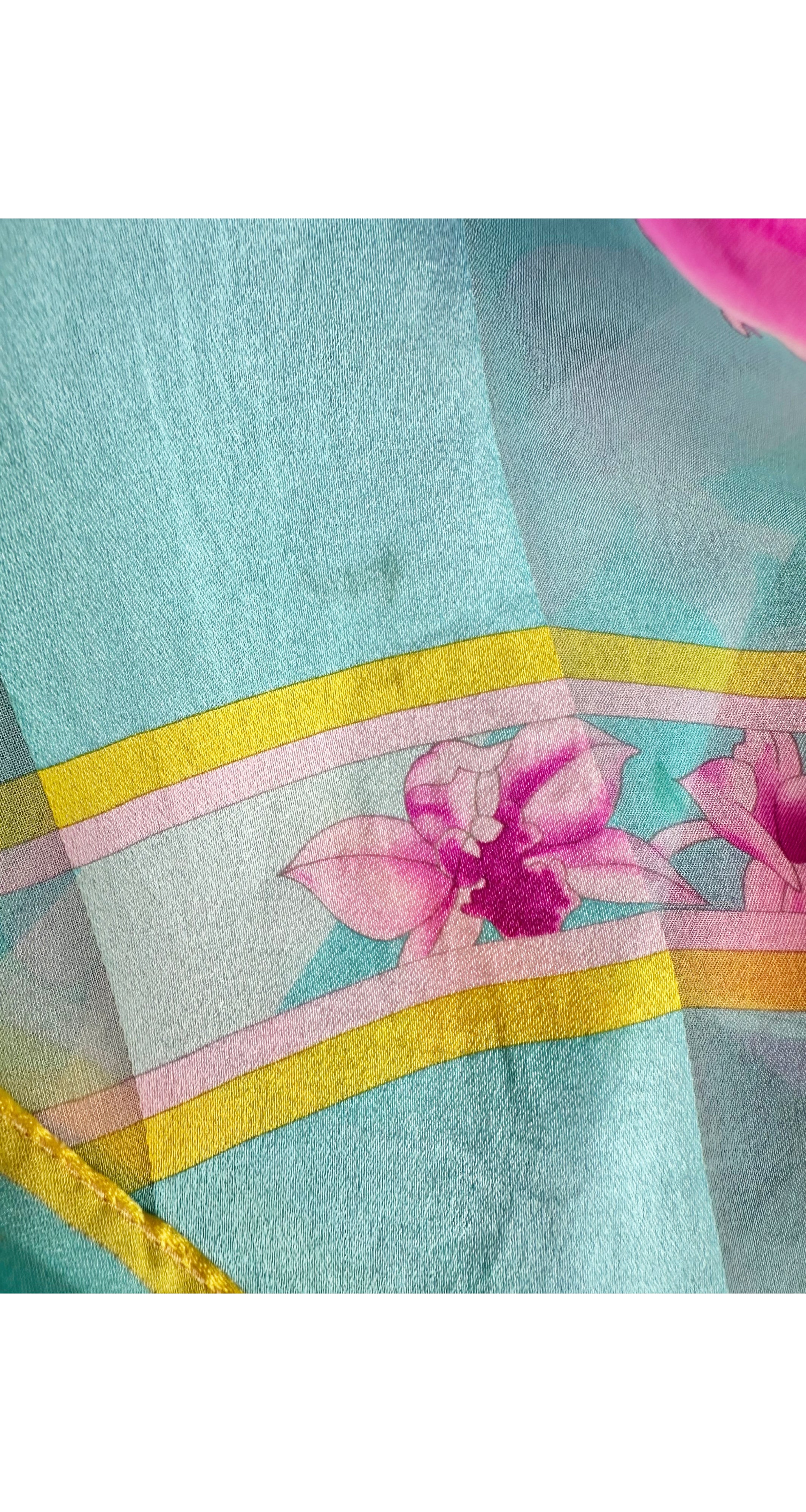 1990s Orchid Zig-Zag Print Blue Silk Long Scarf