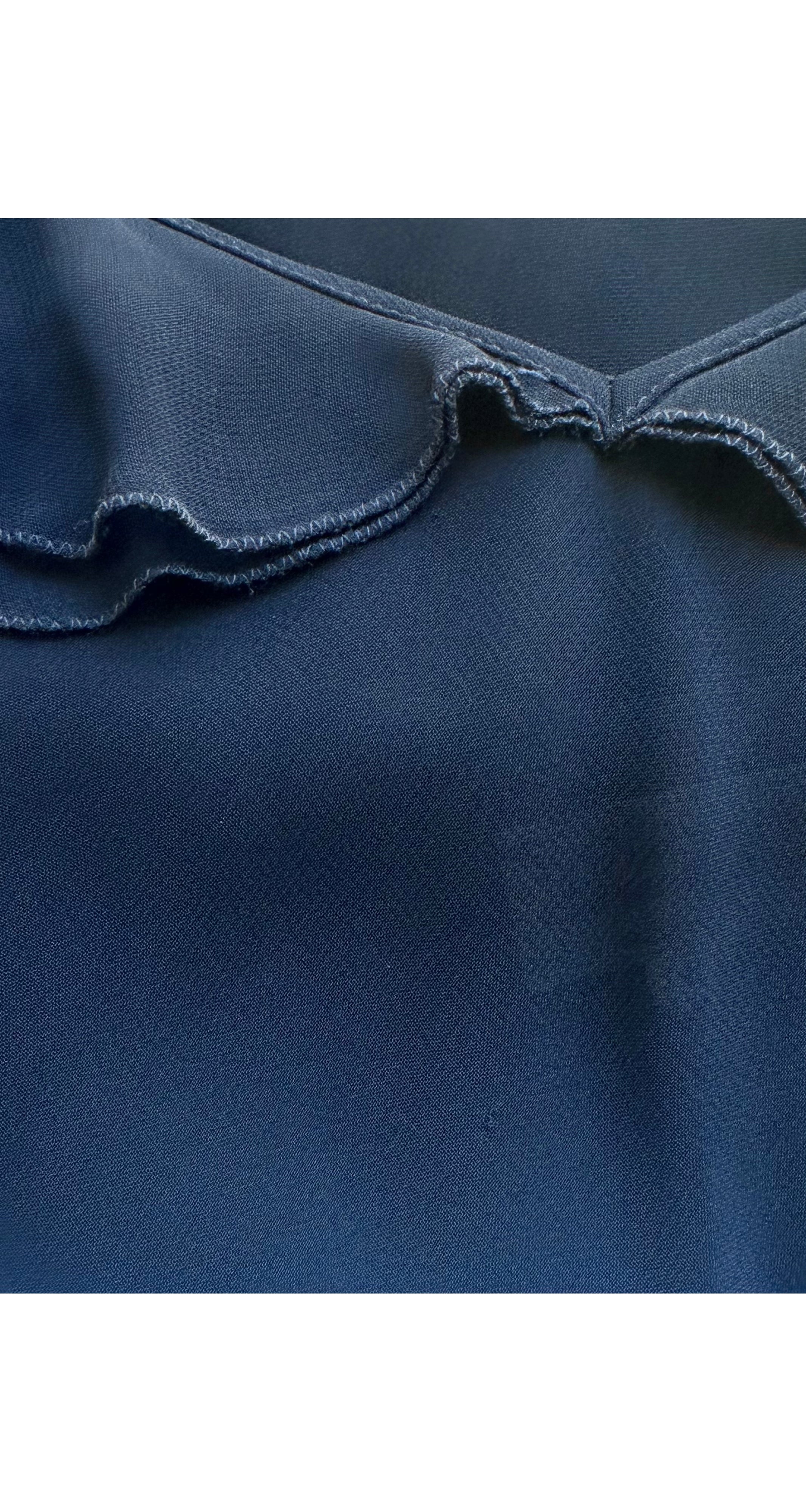 1997 S/S Navy Chiffon Bias-Cut Ruffle Neck Gown