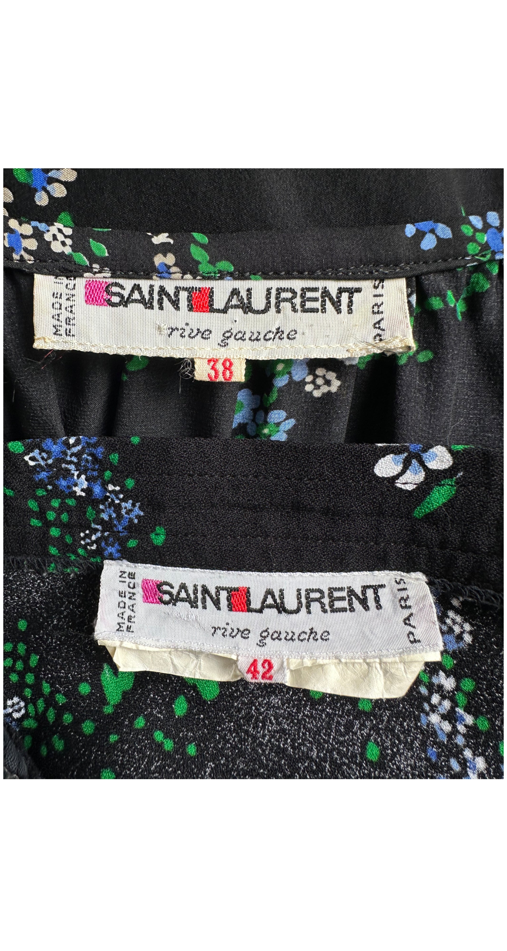 1977 S/S Blue & Black Floral Print Silk Peasant Set