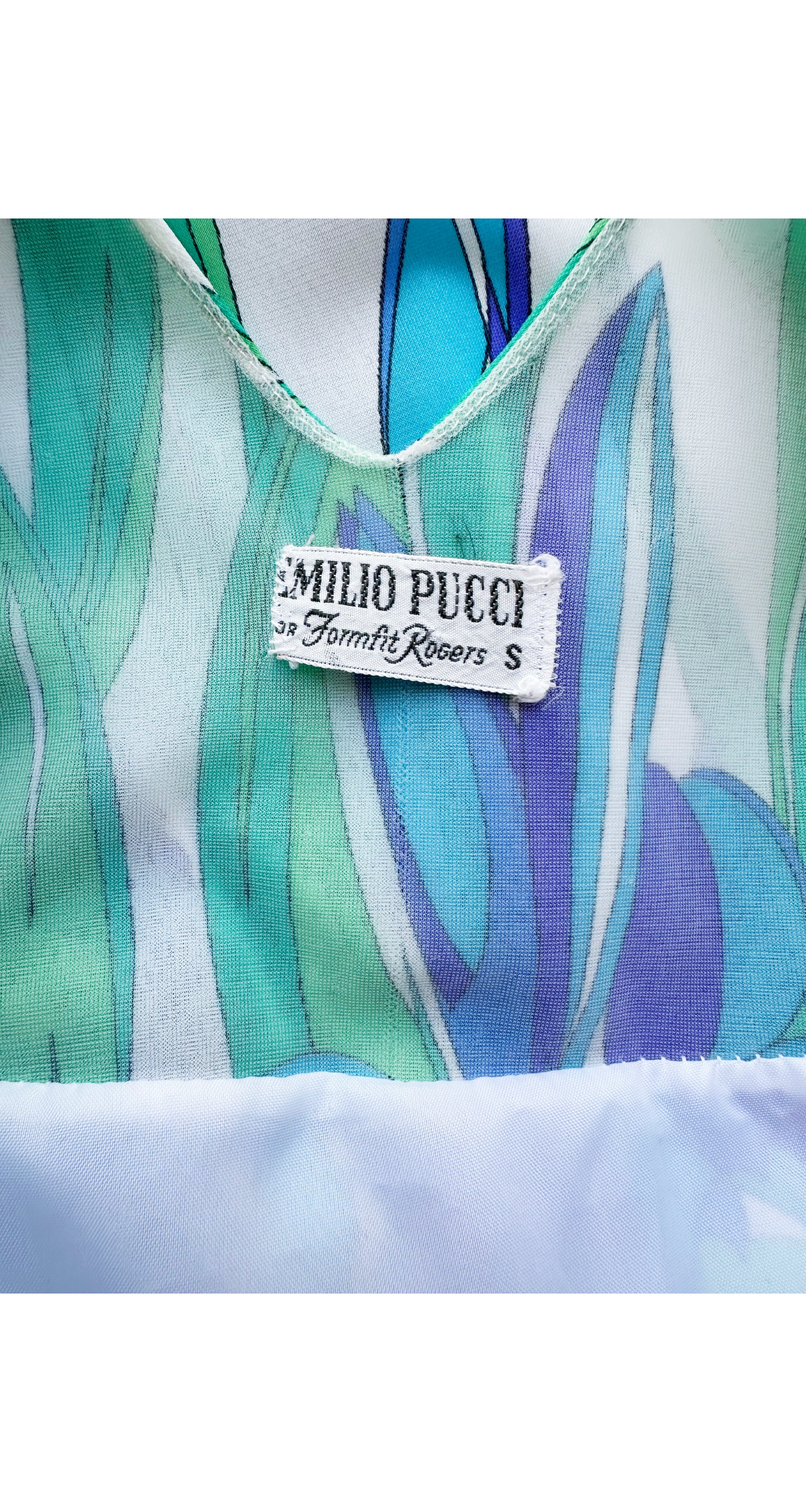 1960s Iris Print Blue & Green Nylon Nightgown Dress