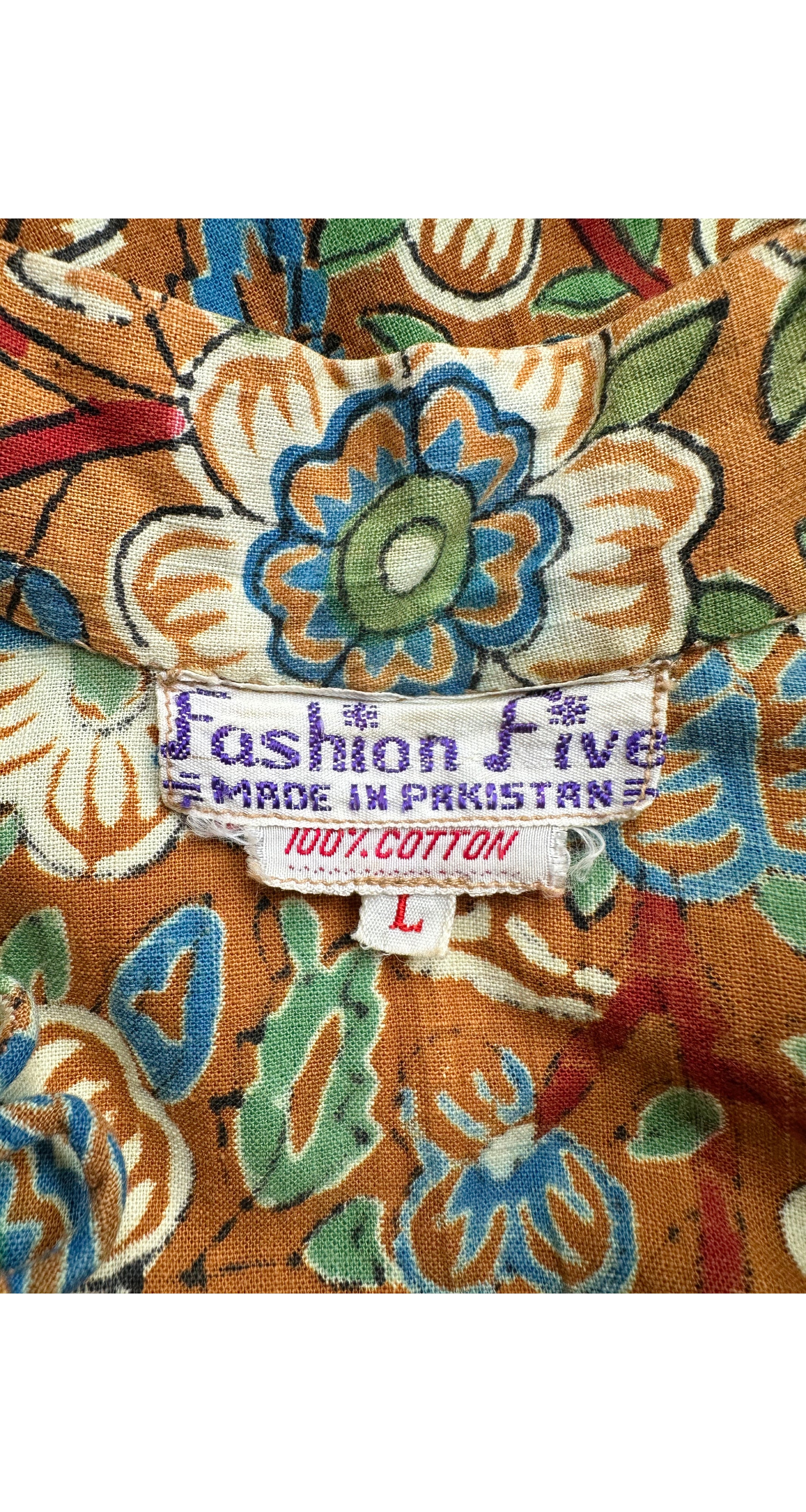 1970s Paisley Block Print Cotton Caftan Maxi Dress