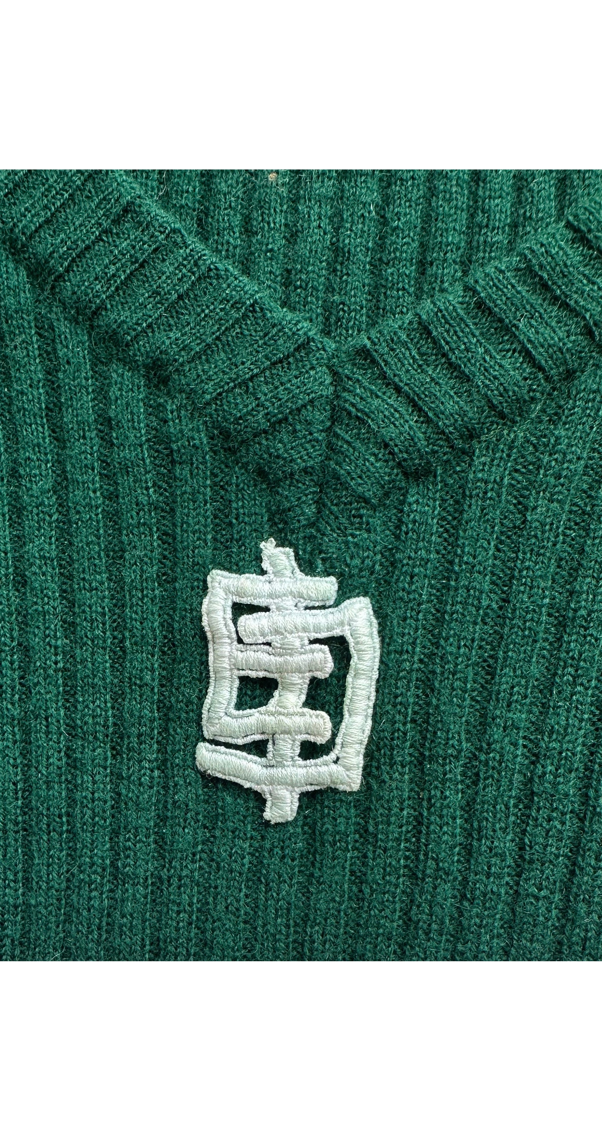 1970s Logo Dark Green Ribbed Wool V-Neck Sweater
