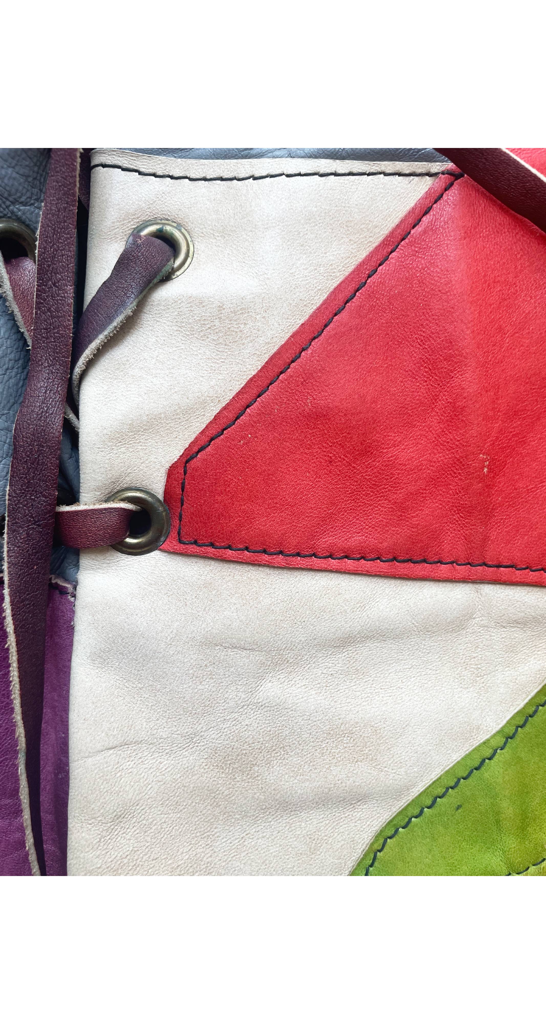 1970s Color Block Leather Patchwork Lace-Up Hot Pants