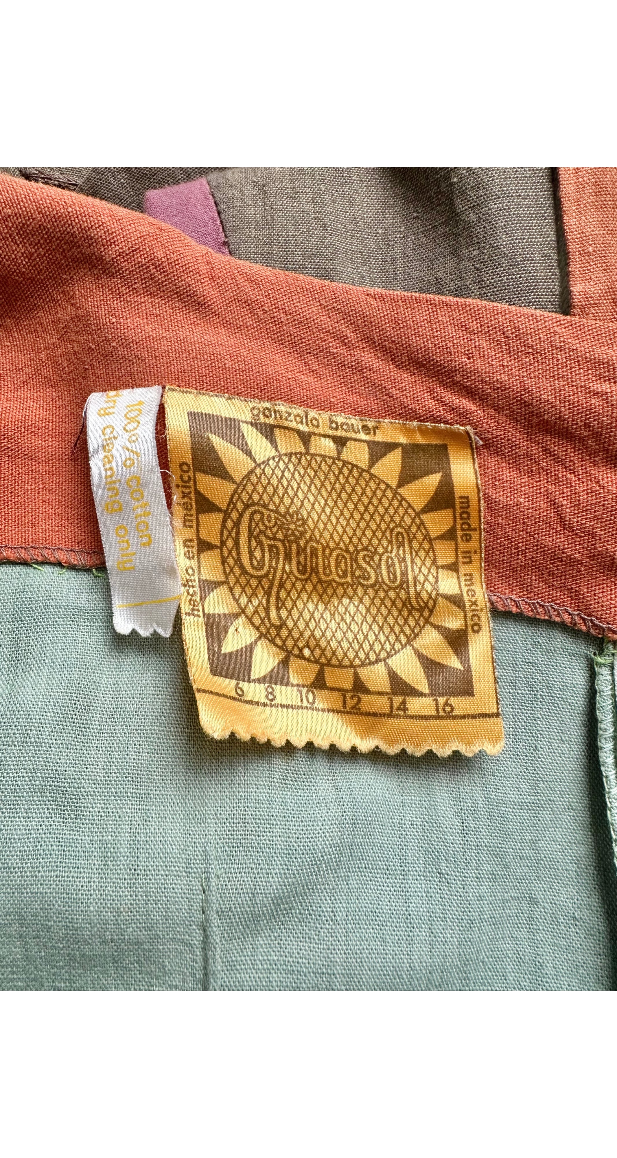 1970s Scenic Embroidered Striped Cotton Maxi Dress