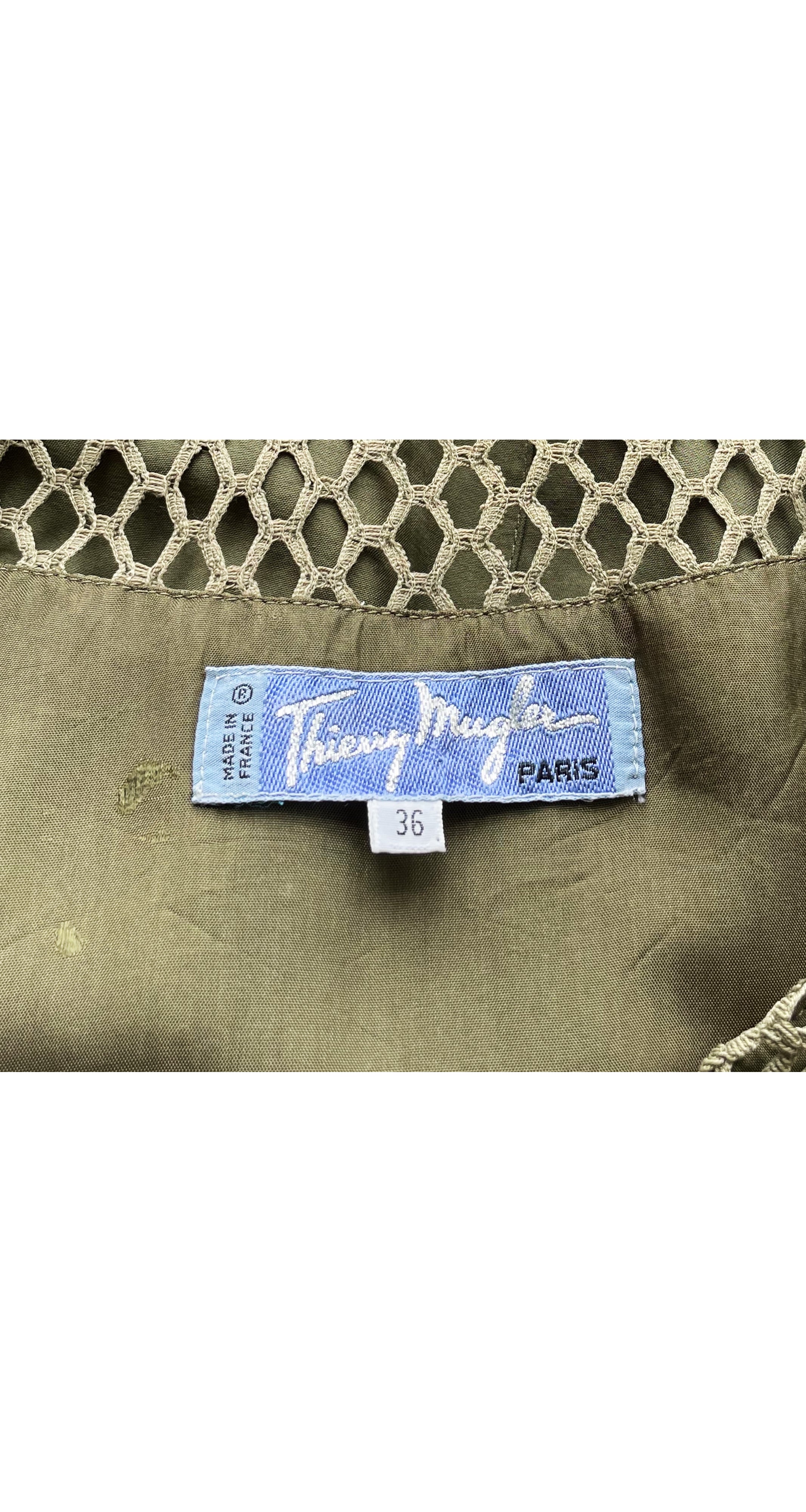 1990s Army Green Silk Fishnet Yoke Collared Dress