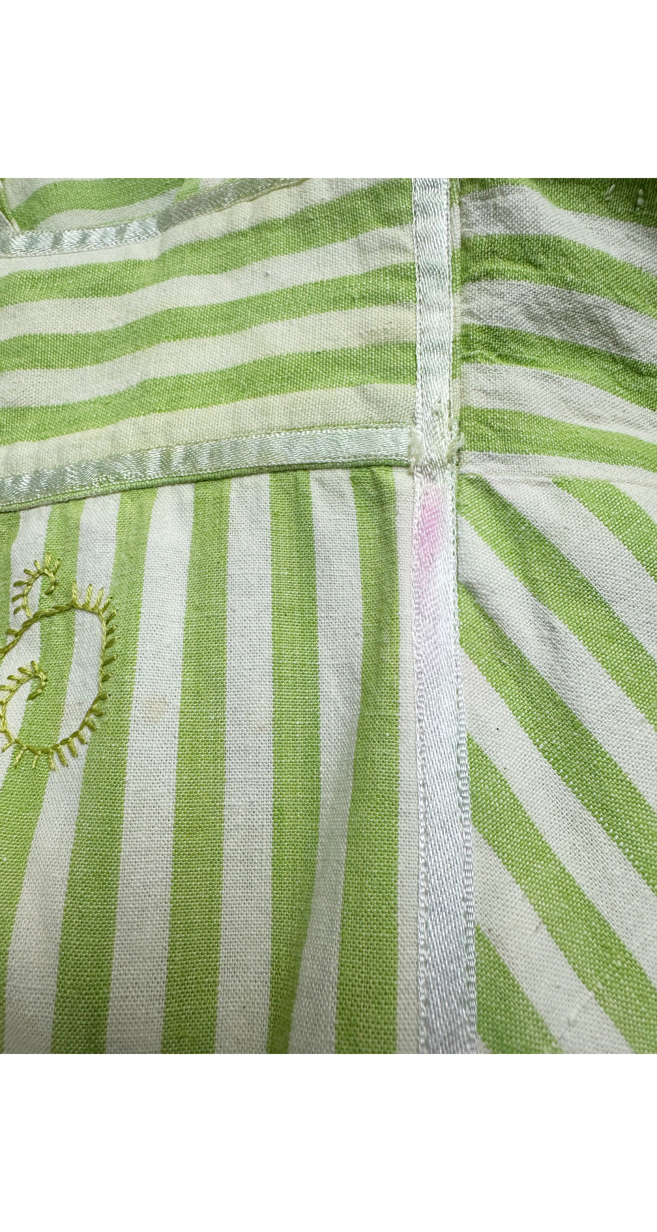 1970s Embroidered Striped Cotton Balloon Sleeve Maxi Dress