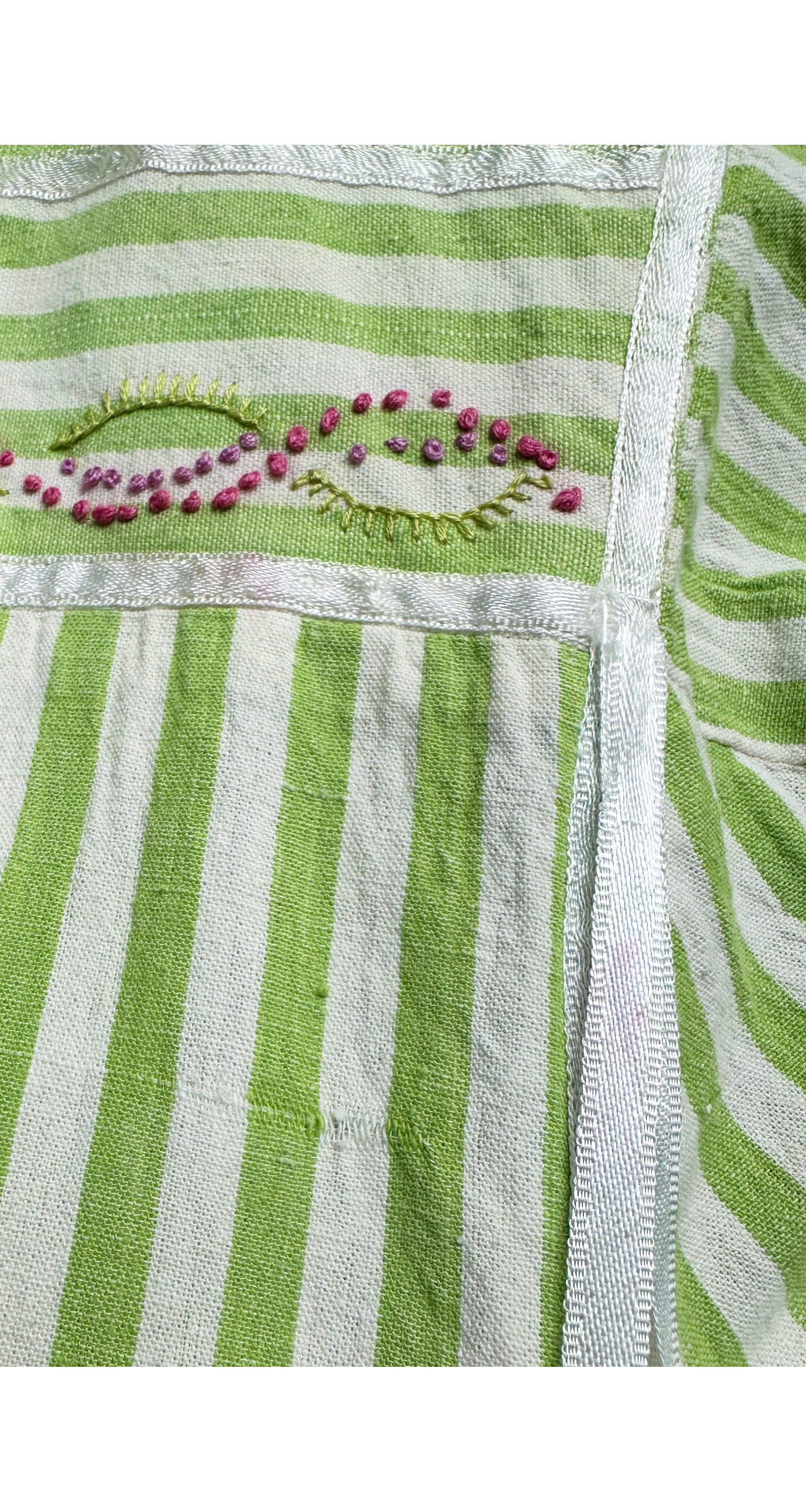 1970s Embroidered Striped Cotton Balloon Sleeve Maxi Dress