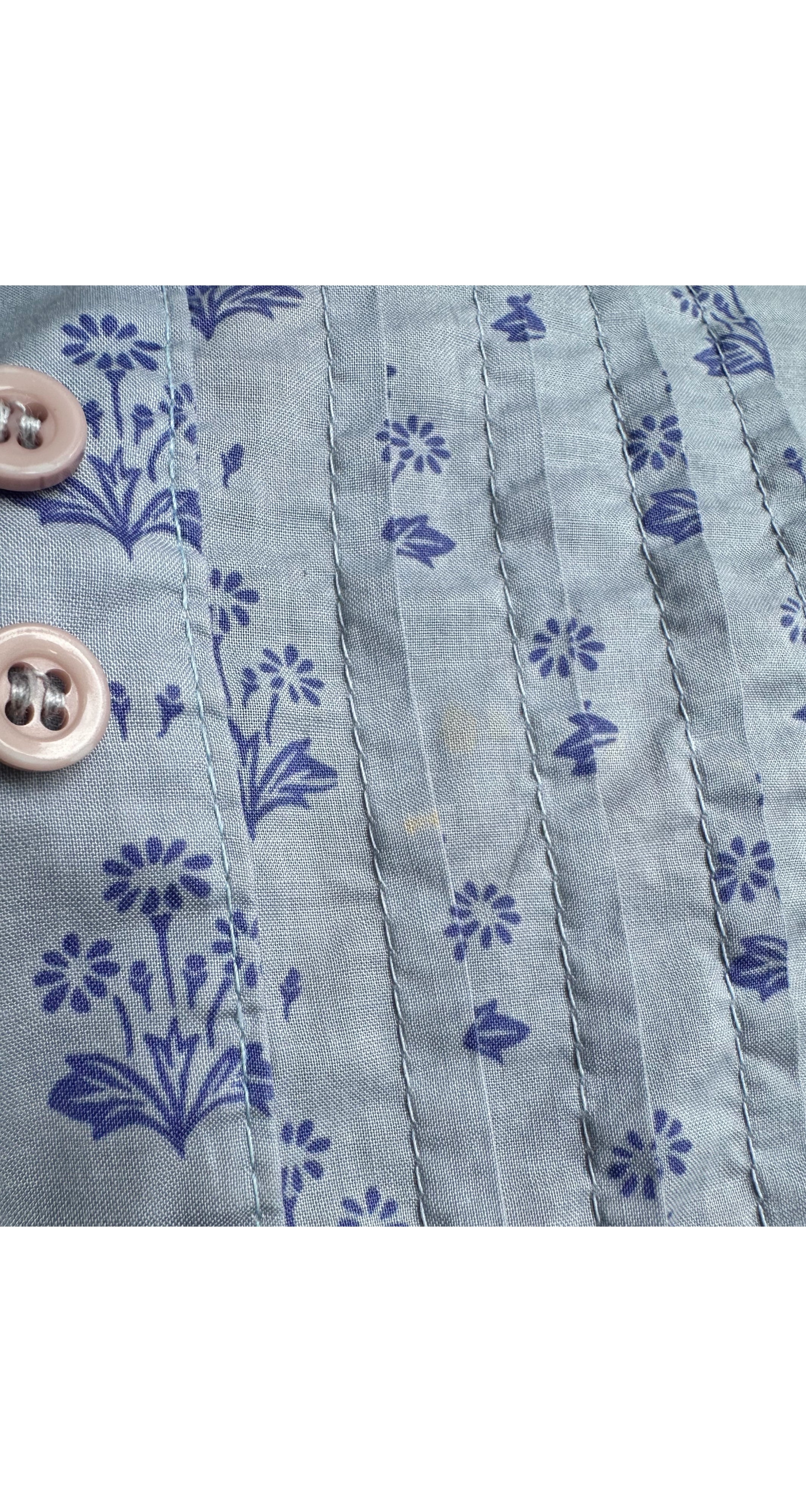 1970s Floral Periwinkle Cotton Bishop Sleeve Blouse