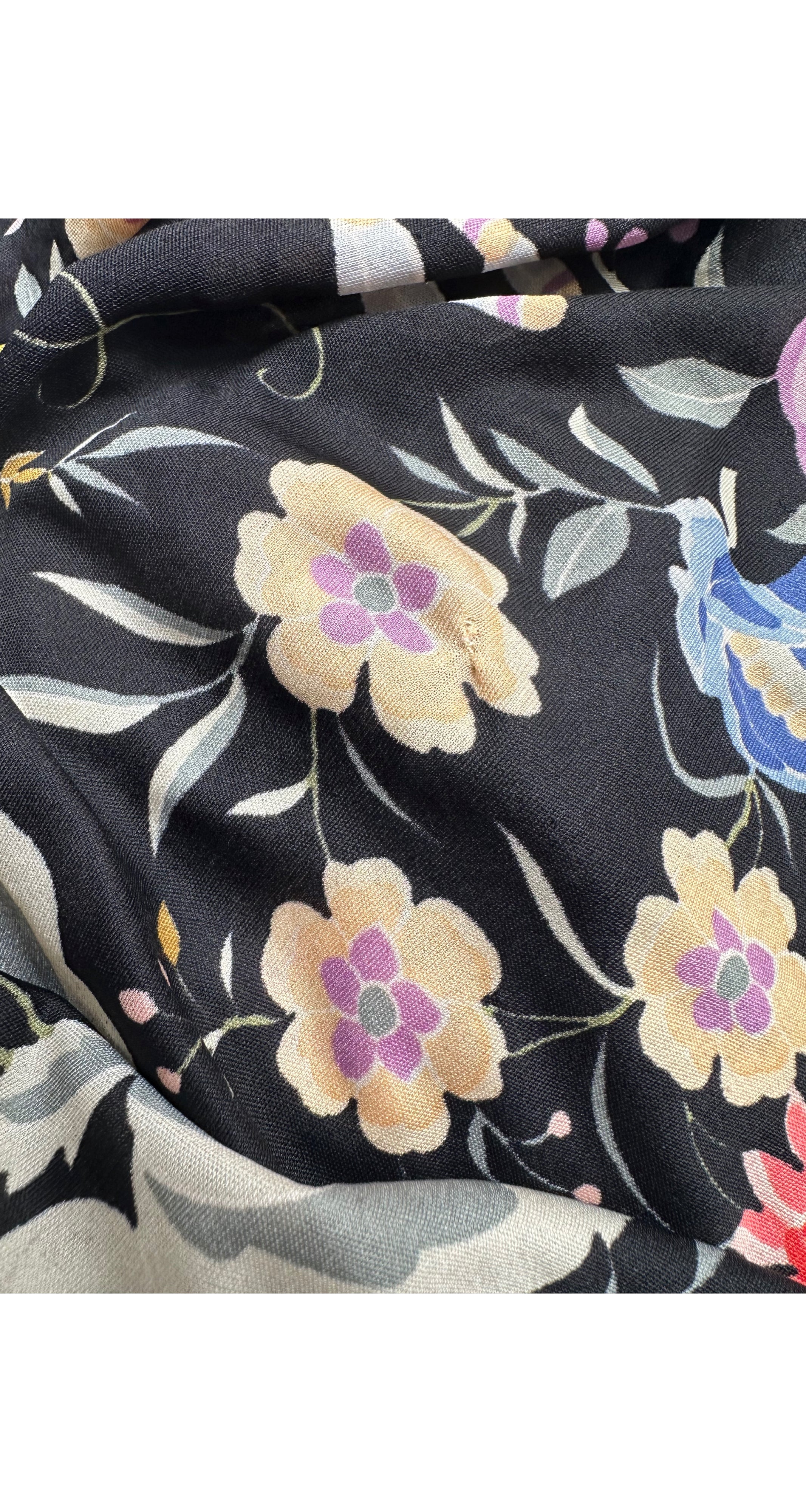 1971 S/S Floral Bird Print Black Jersey Fringe Piano Shawl