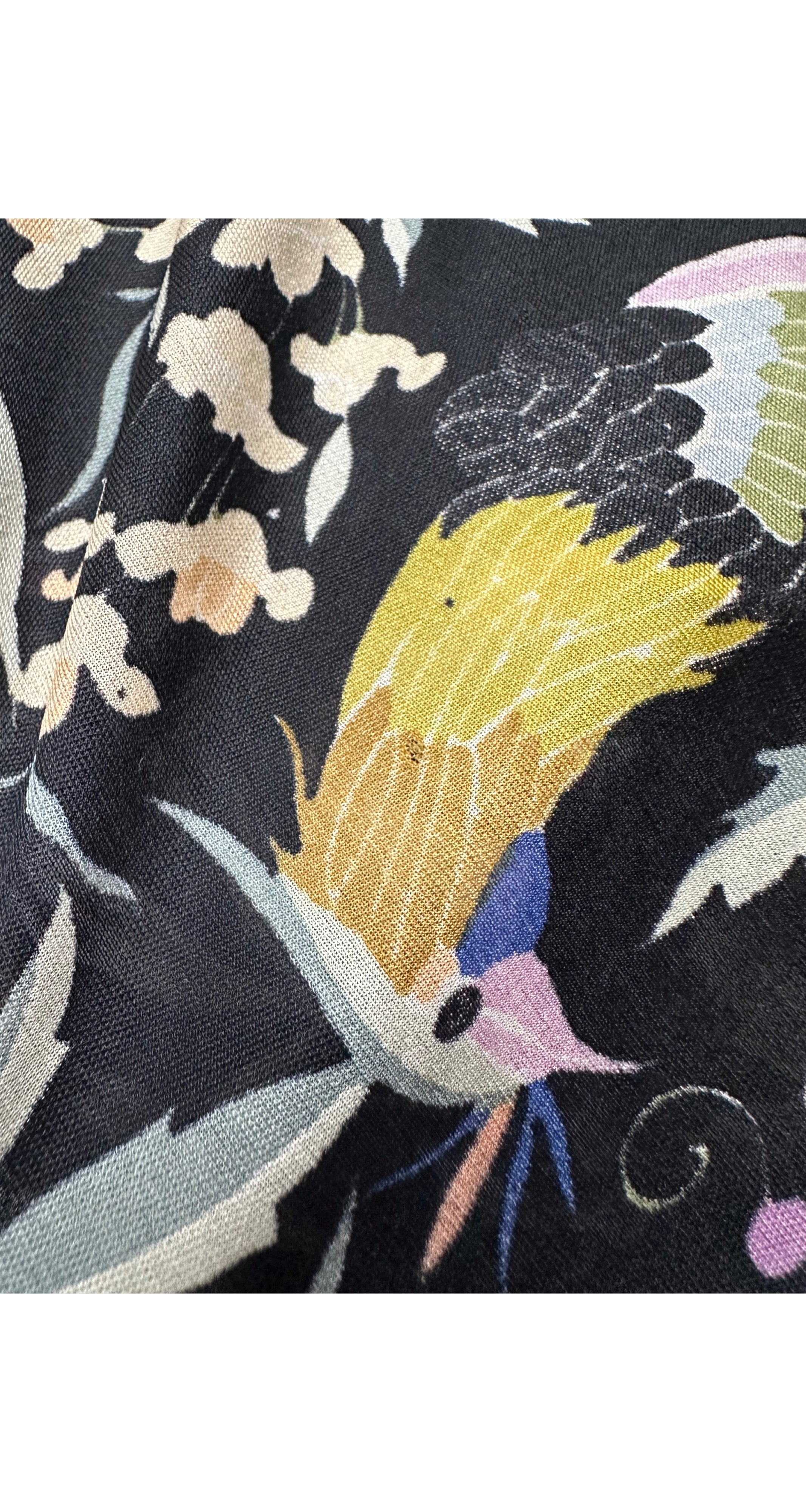 1971 S/S Floral Bird Print Black Jersey Fringe Piano Shawl