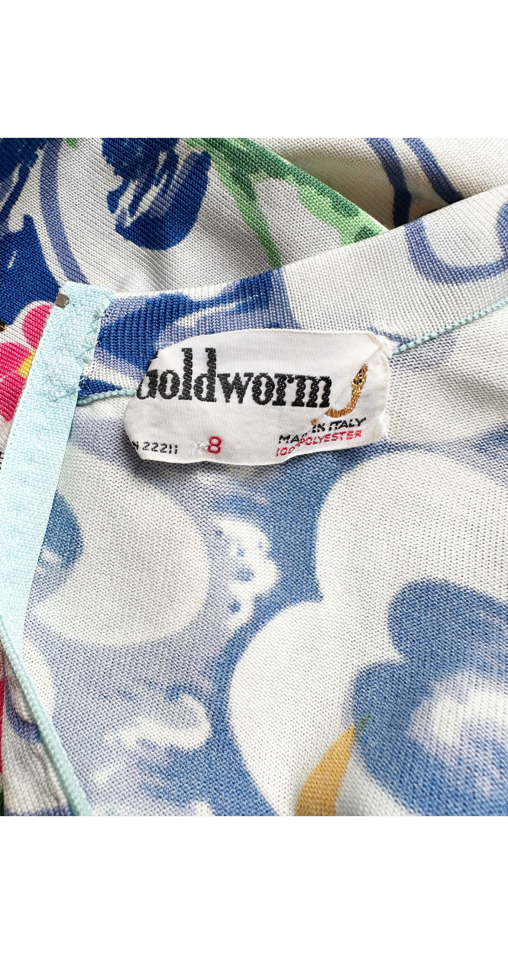 1970s Persian Scenic Print Jersey Knit Keyhole Dress