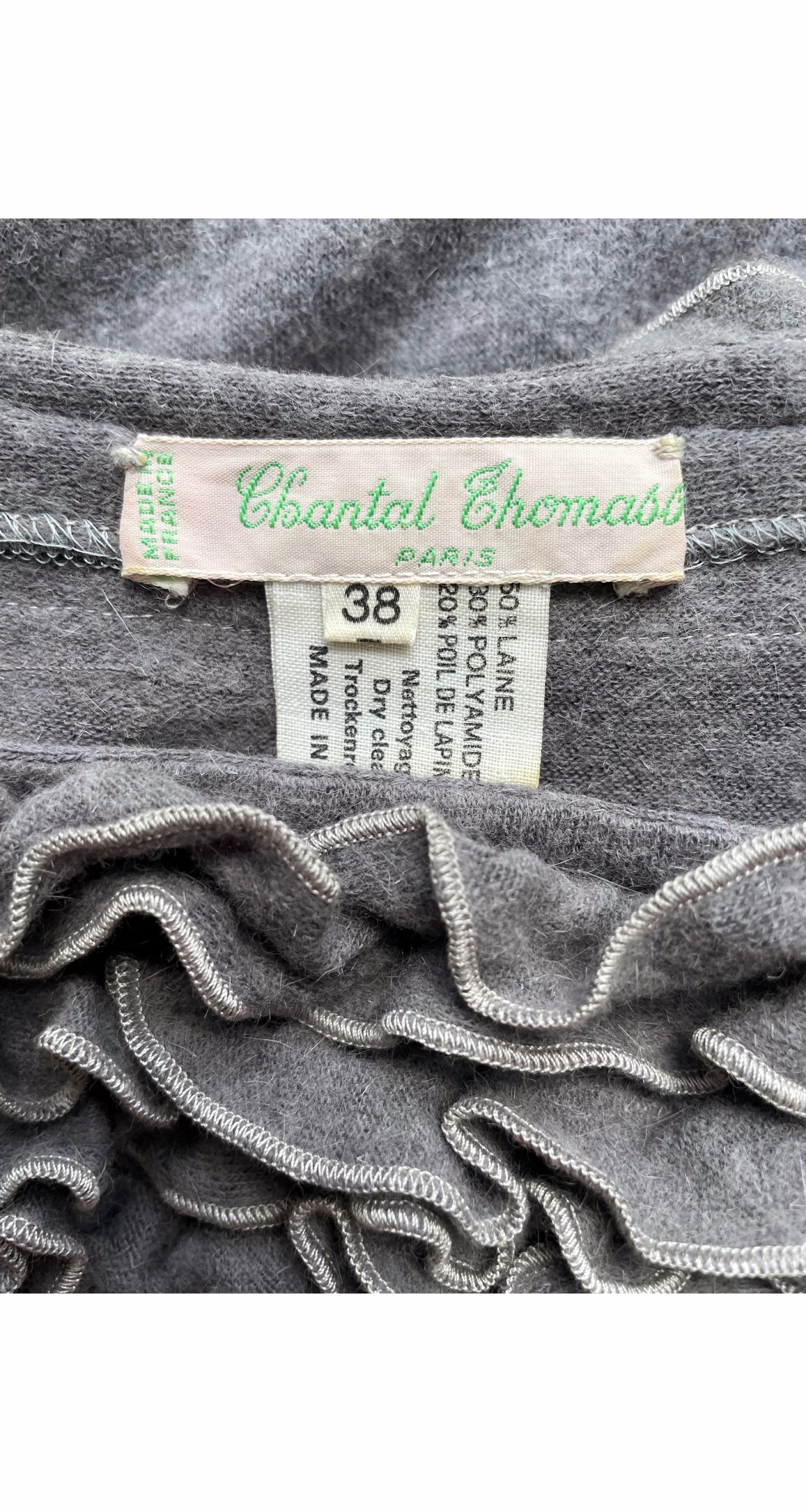 1980s Ruffle Top Gray Wool Knit Long Sleeve Dress