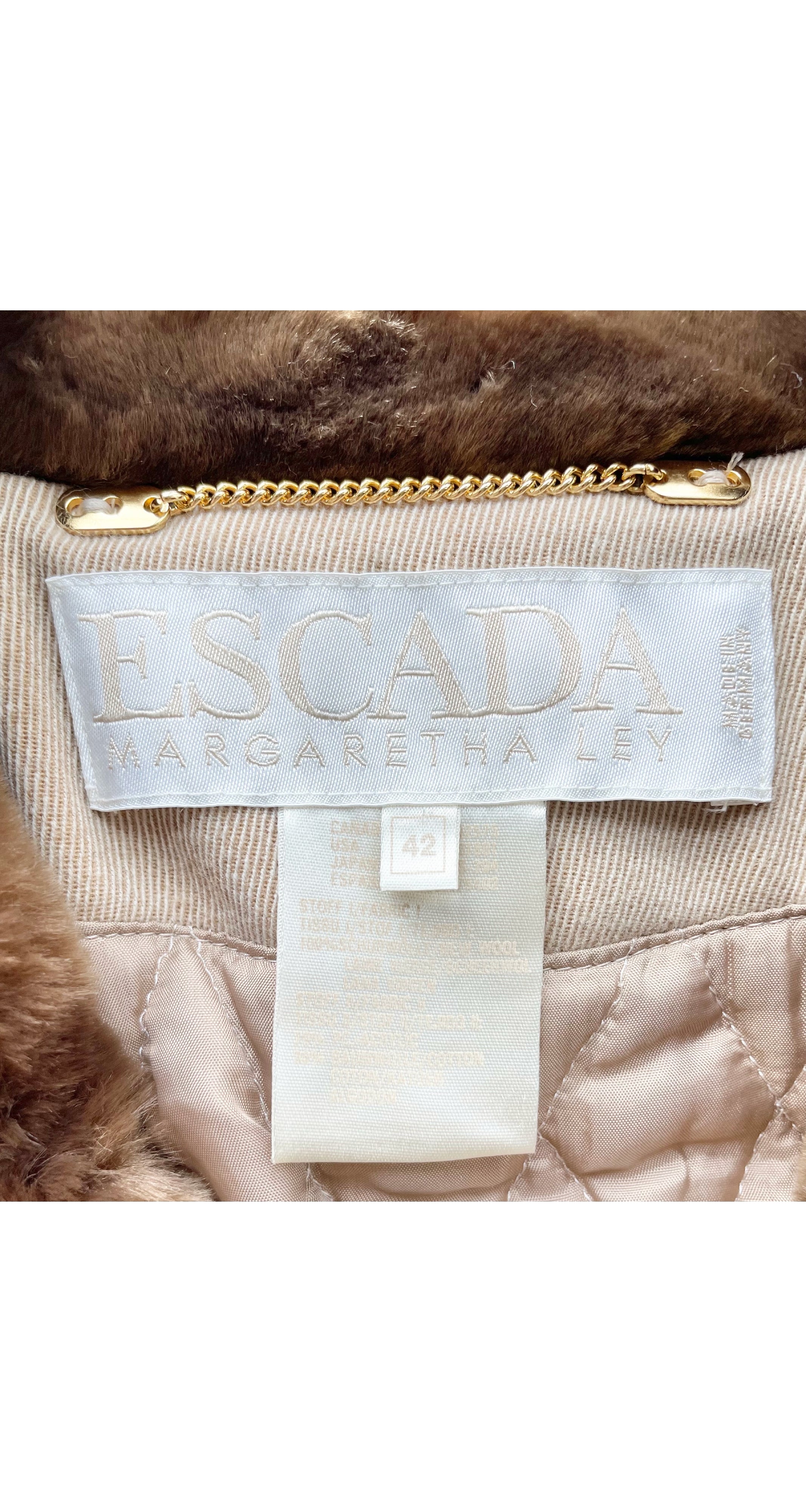 1990s Beige Wool Gabardine Faux Fur Trim Coat