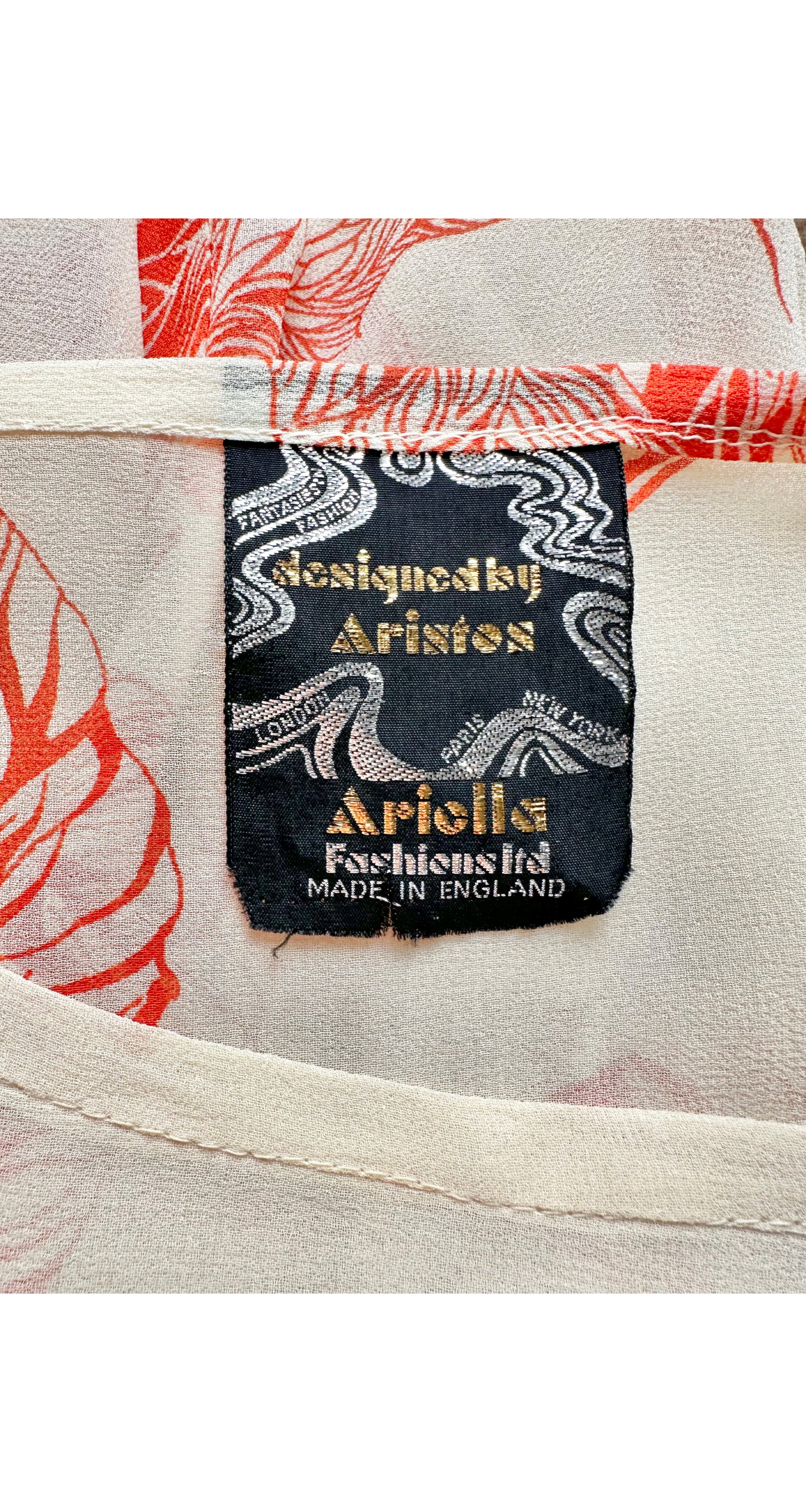 1970s Leaf Print Chiffon Cut-Out Balloon Sleeve Blouse