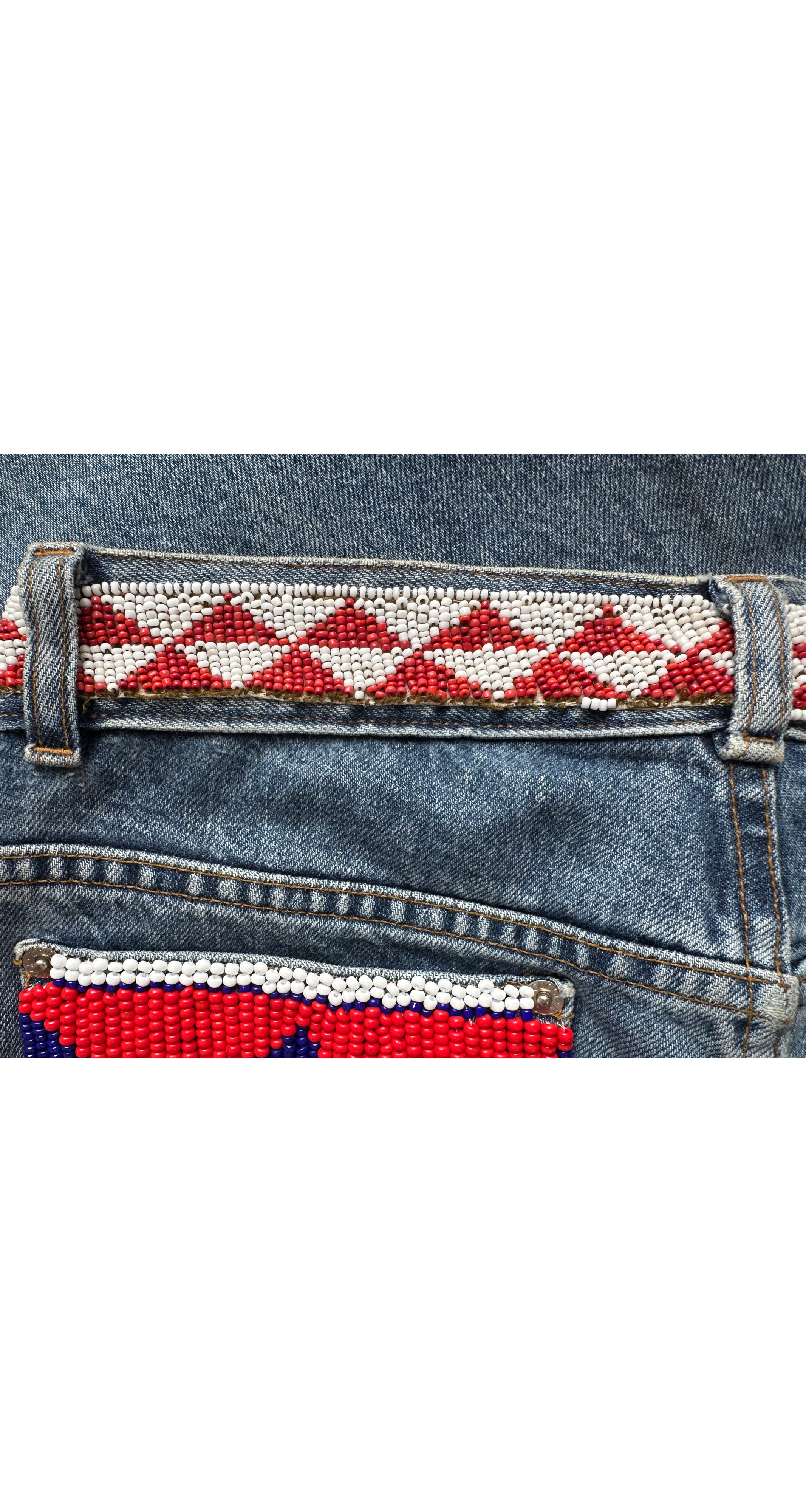 1999 S/S Beaded Distressed Denim Mid-Rise Jeans