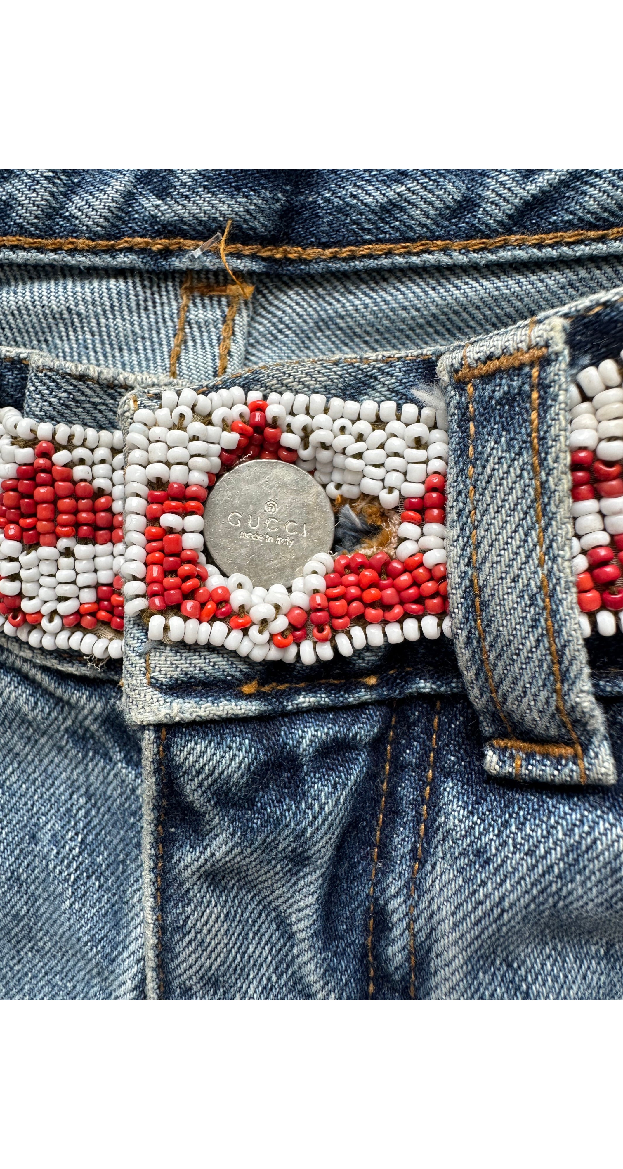 1999 S/S Beaded Distressed Denim Mid-Rise Jeans
