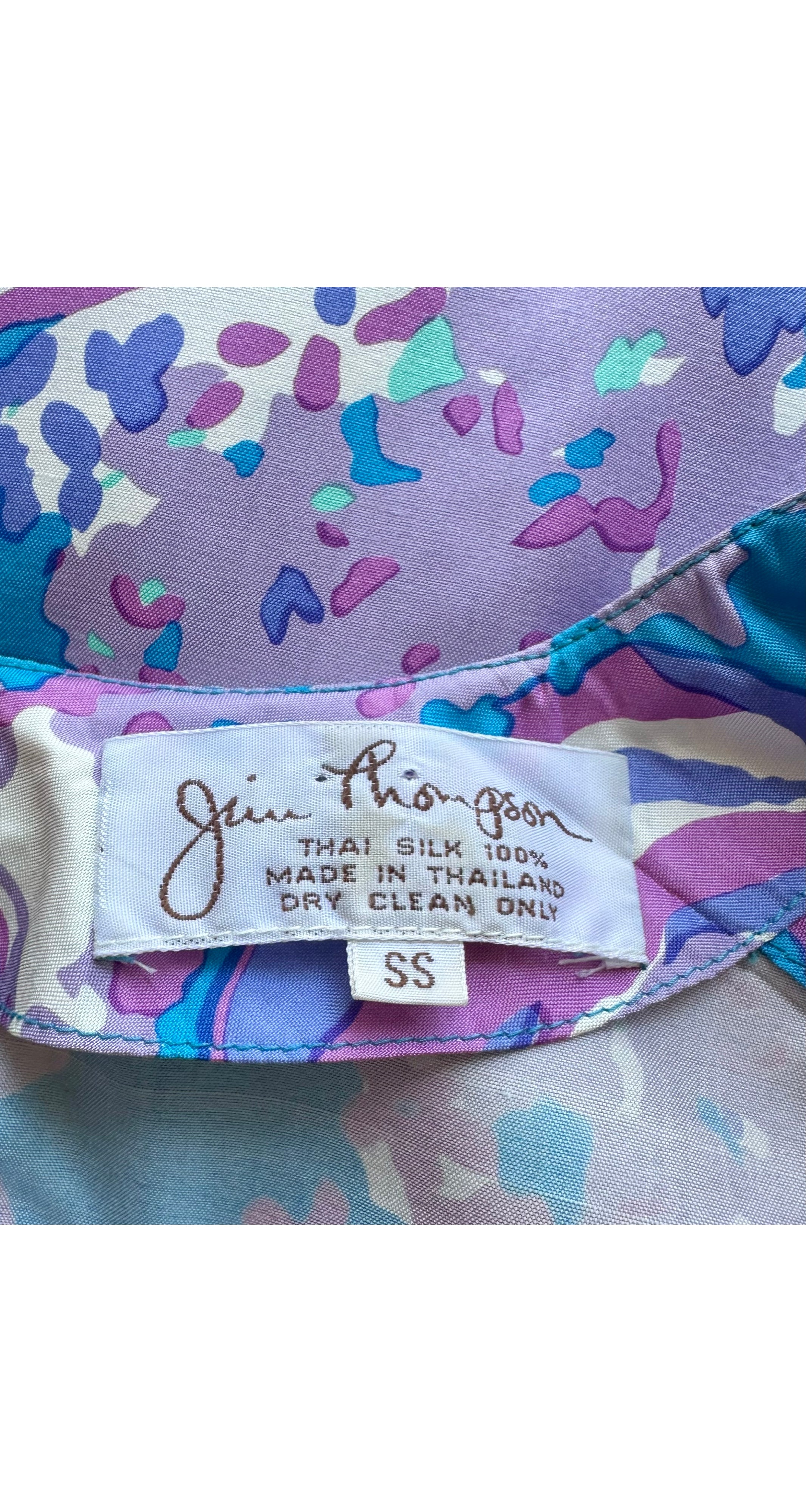 1970s Floral Blue Thai Silk Caftan Maxi Dress