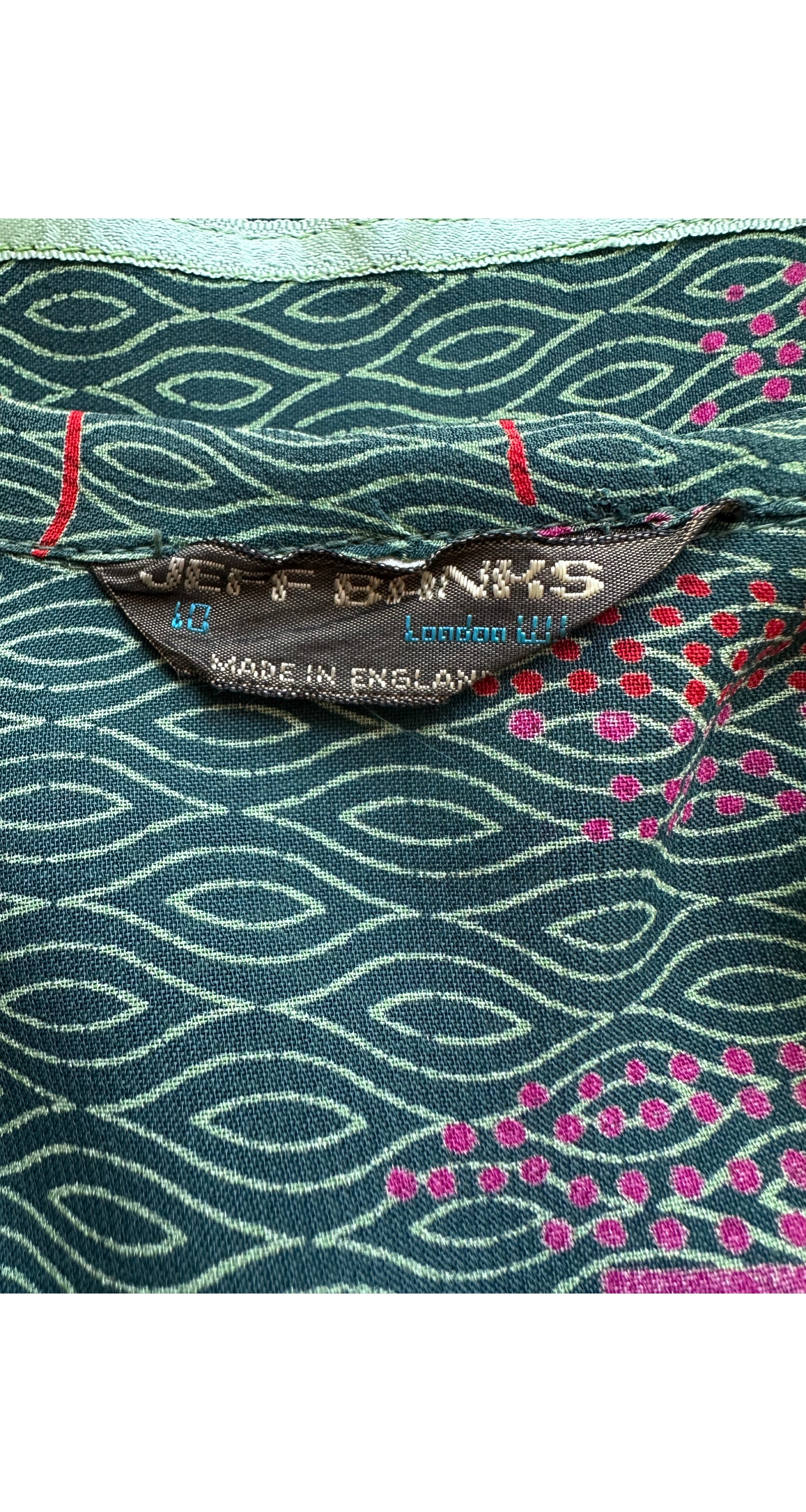 1970s Floral Geometric Print Green Rayon Ruffle Blouse