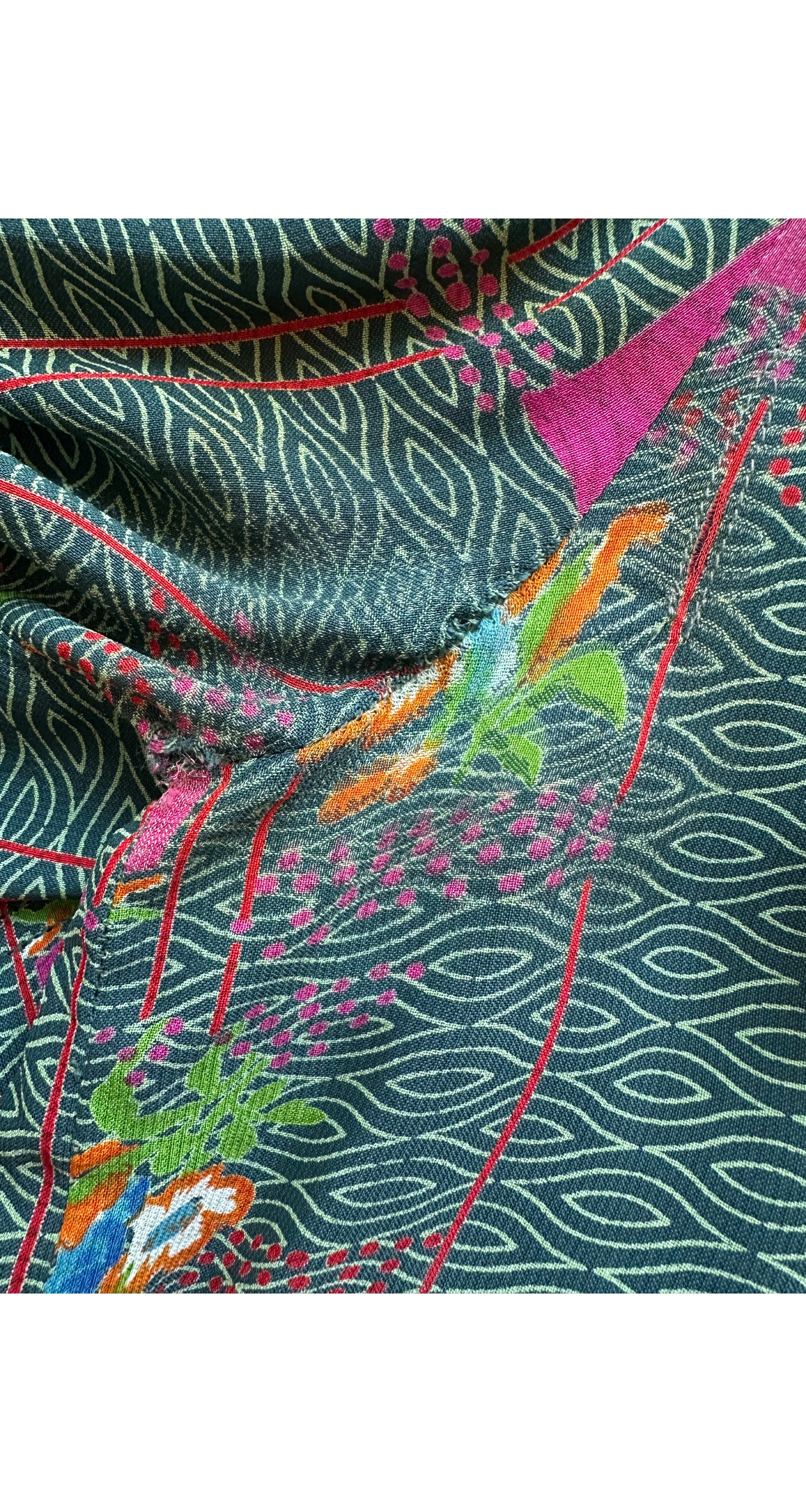 1970s Floral Geometric Print Green Rayon Ruffle Blouse