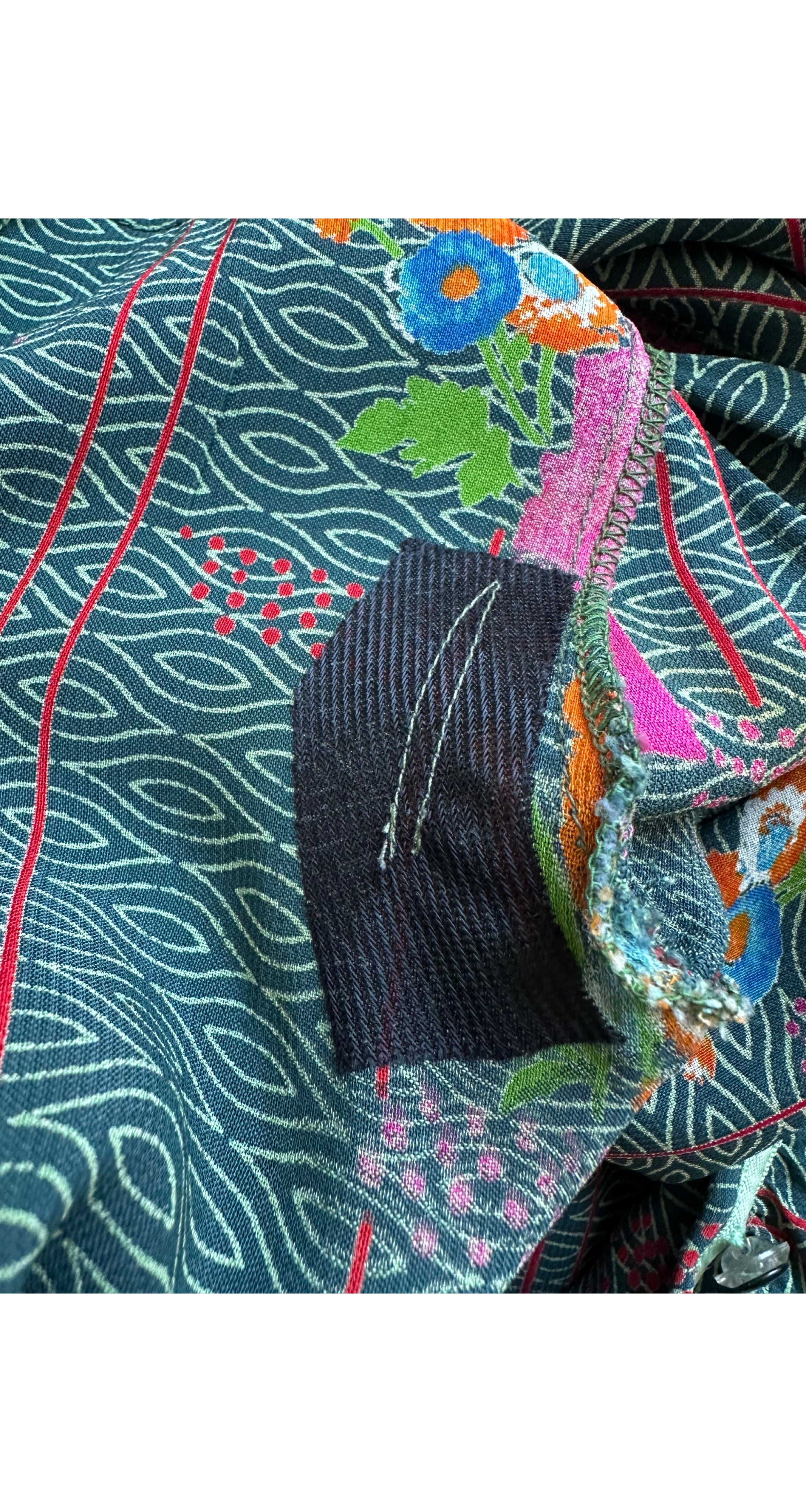 1970s Floral Geometric Print Green Rayon Ruffle Blouse