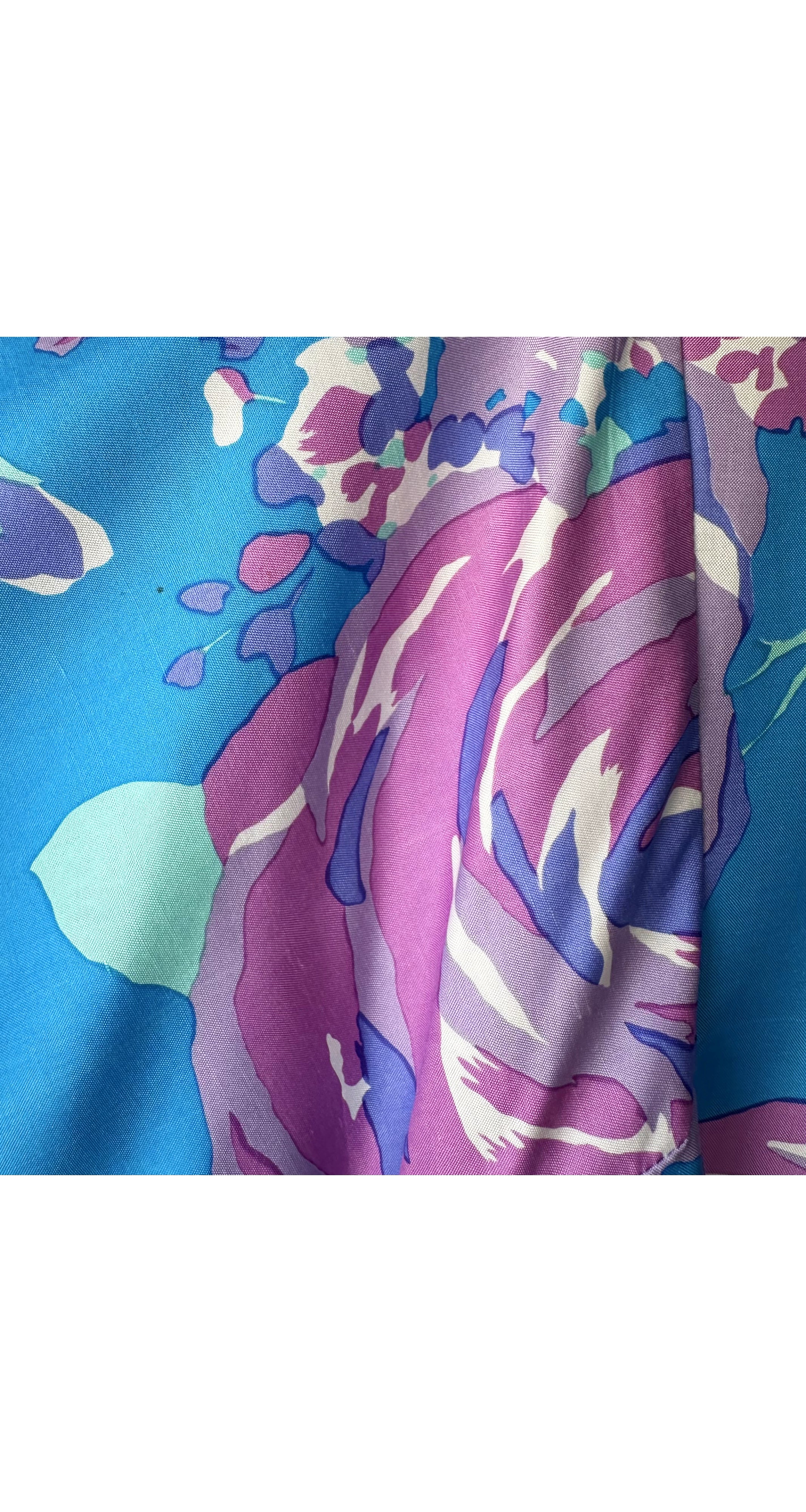 1970s Floral Blue Thai Silk Caftan Maxi Dress