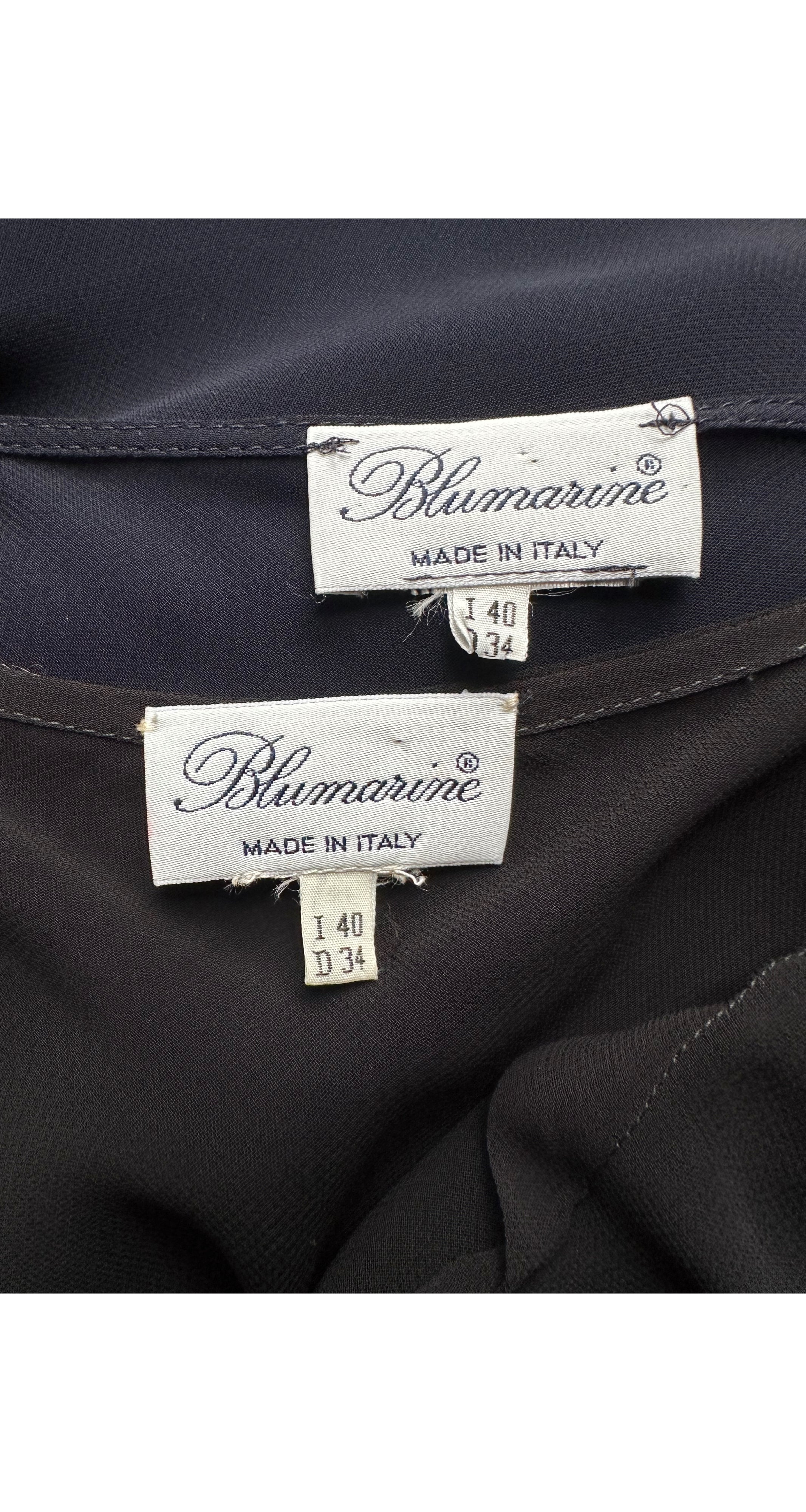 1997 S/S Navy Chiffon Bias-Cut Ruffle Neck Gown