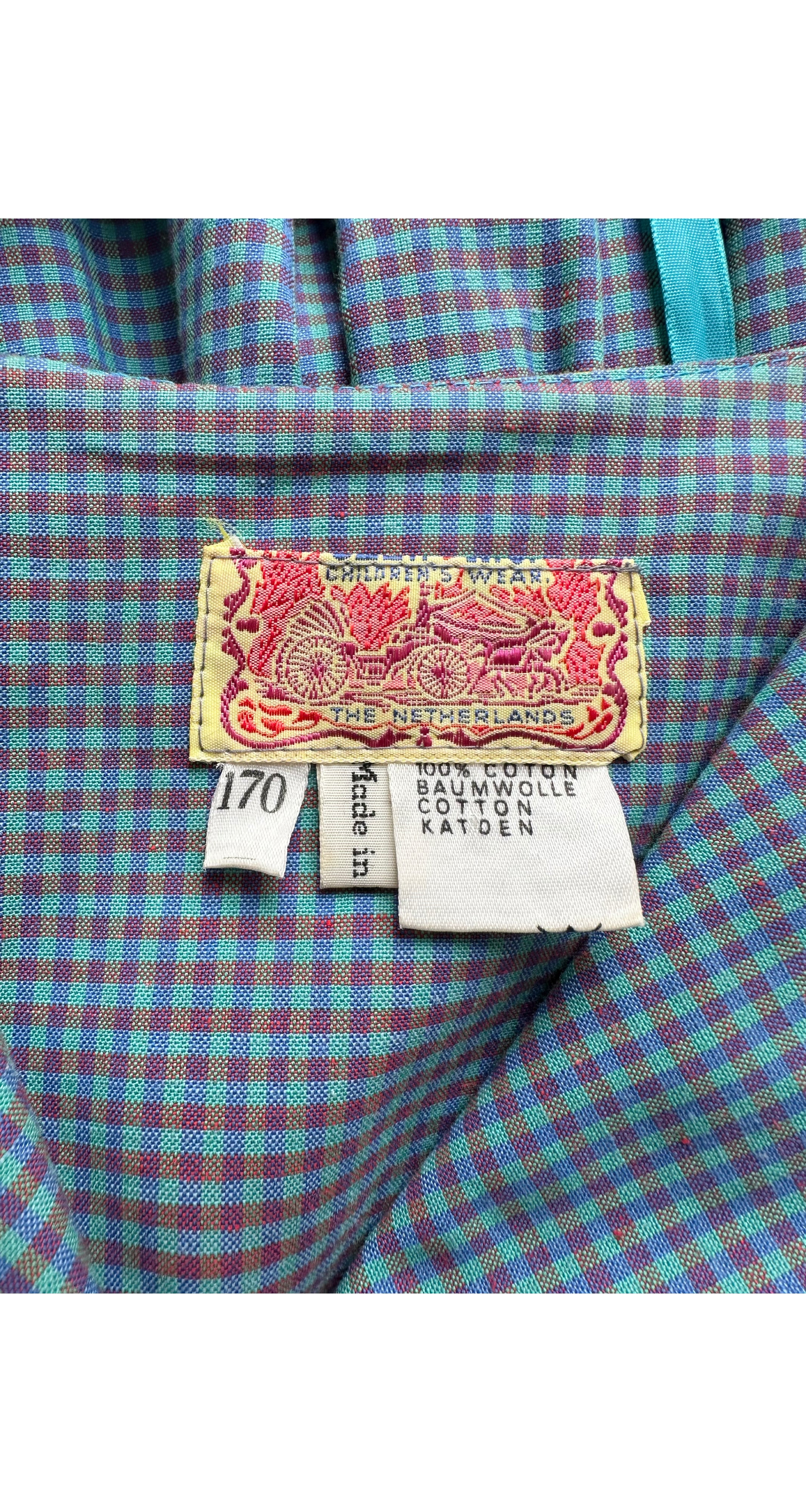 1980s Mixed Print Blue Gingham Cotton Bib Dress