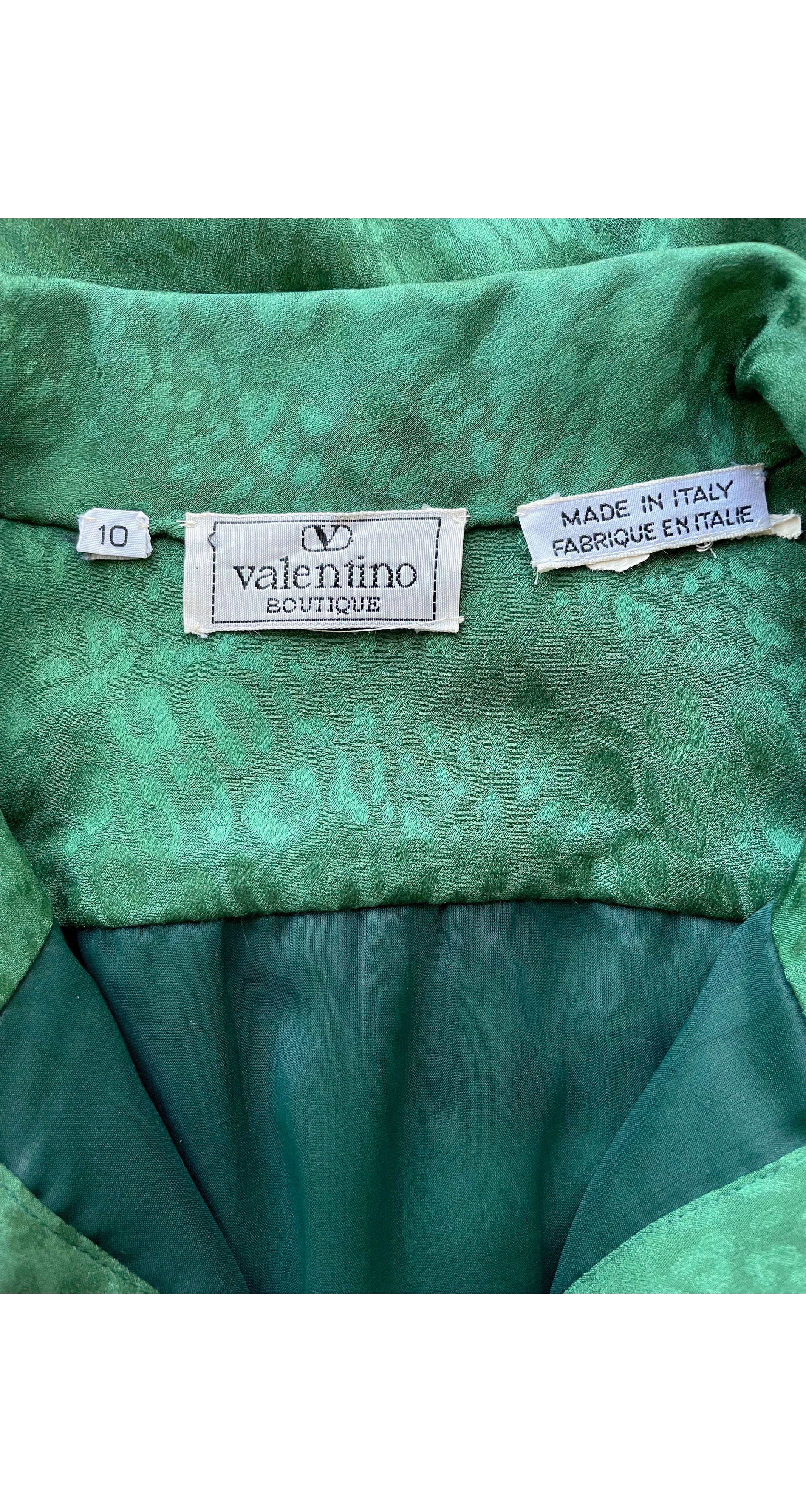 1980s Green Silk Jacquard Pleated Collared Blouse