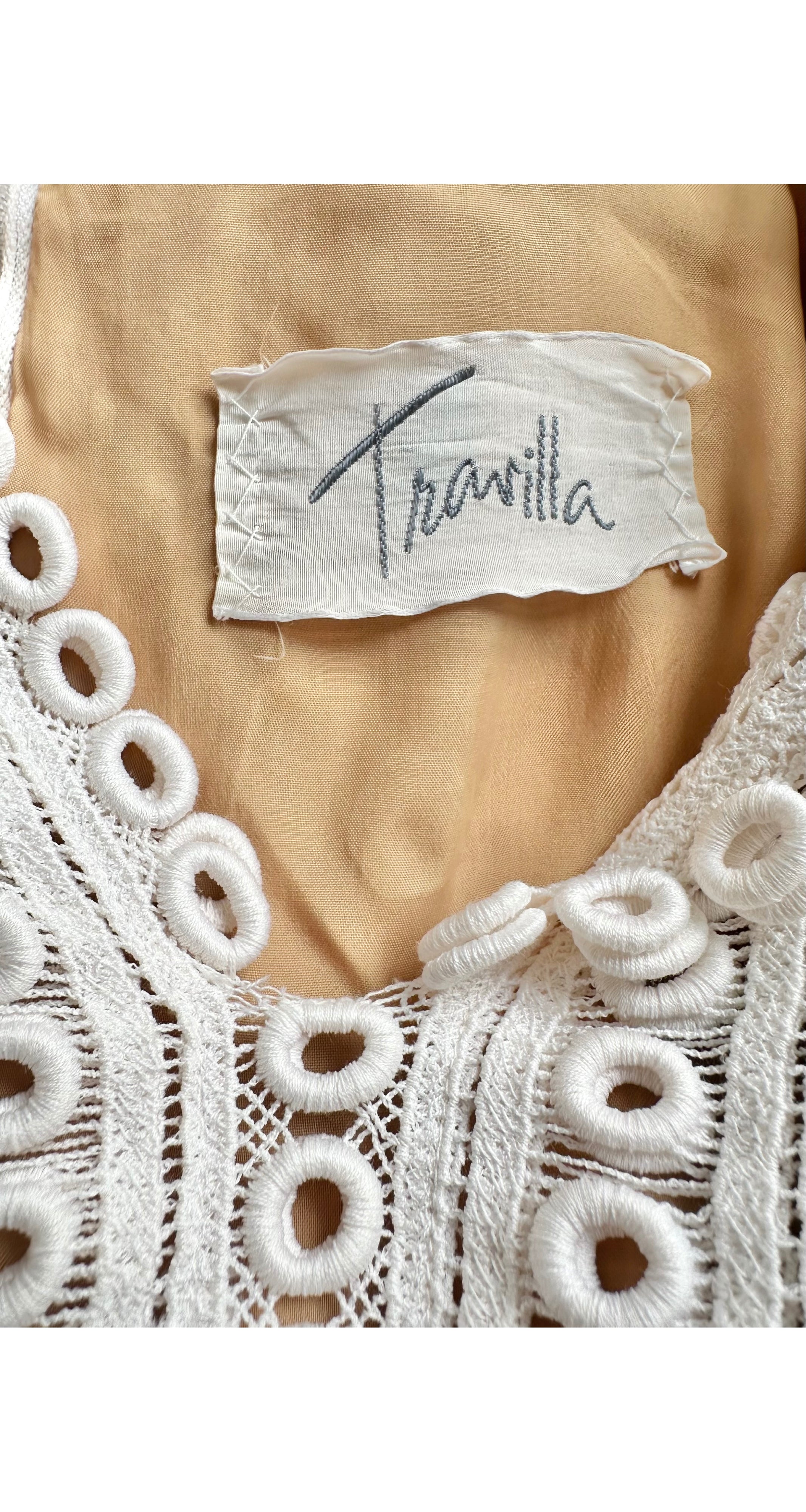 1960s White Cotton Floral Eyelet Nude Illusion Dress